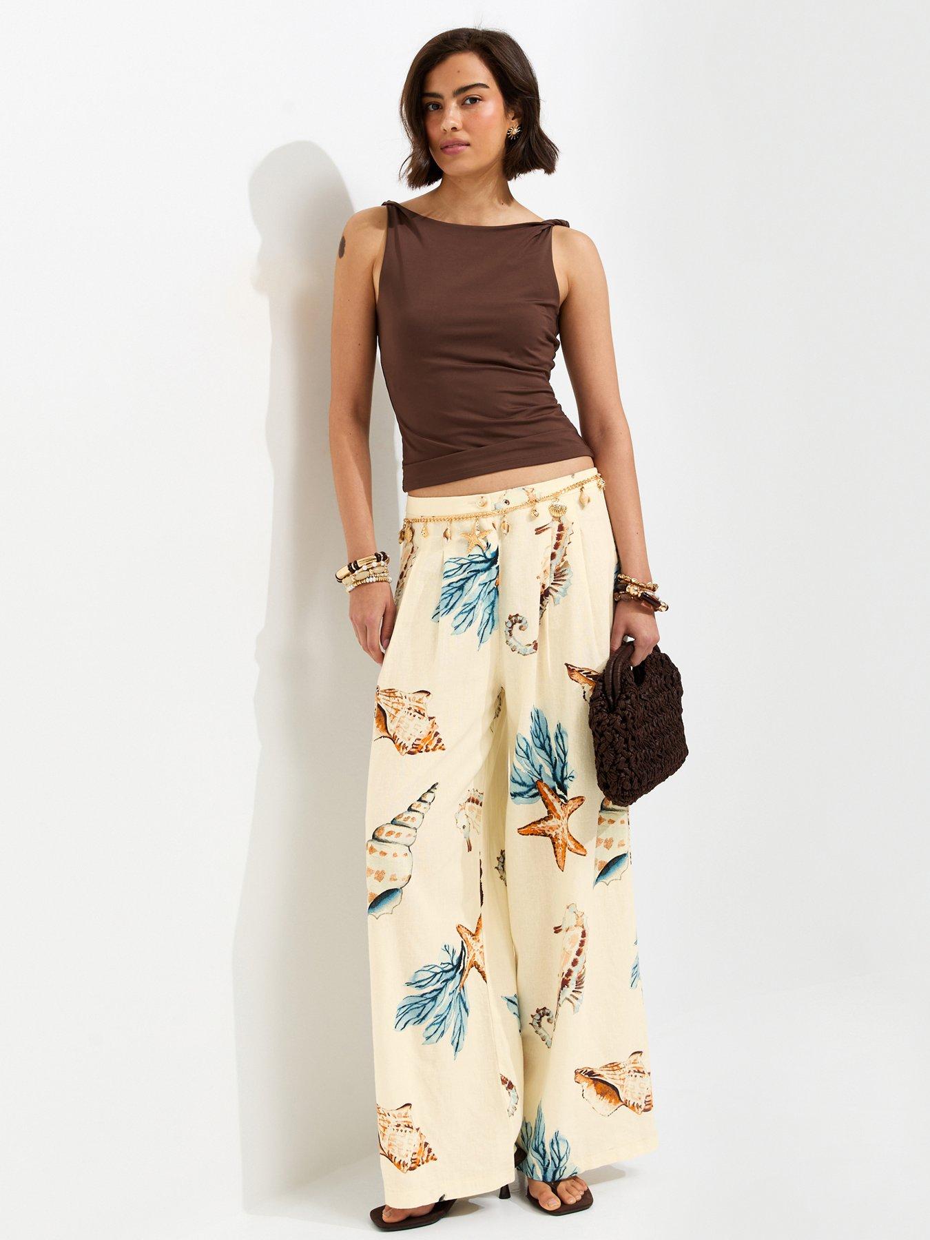 New Look Linen Rich Seahorse Print Wide Leg Co-ord Trousers - Cream