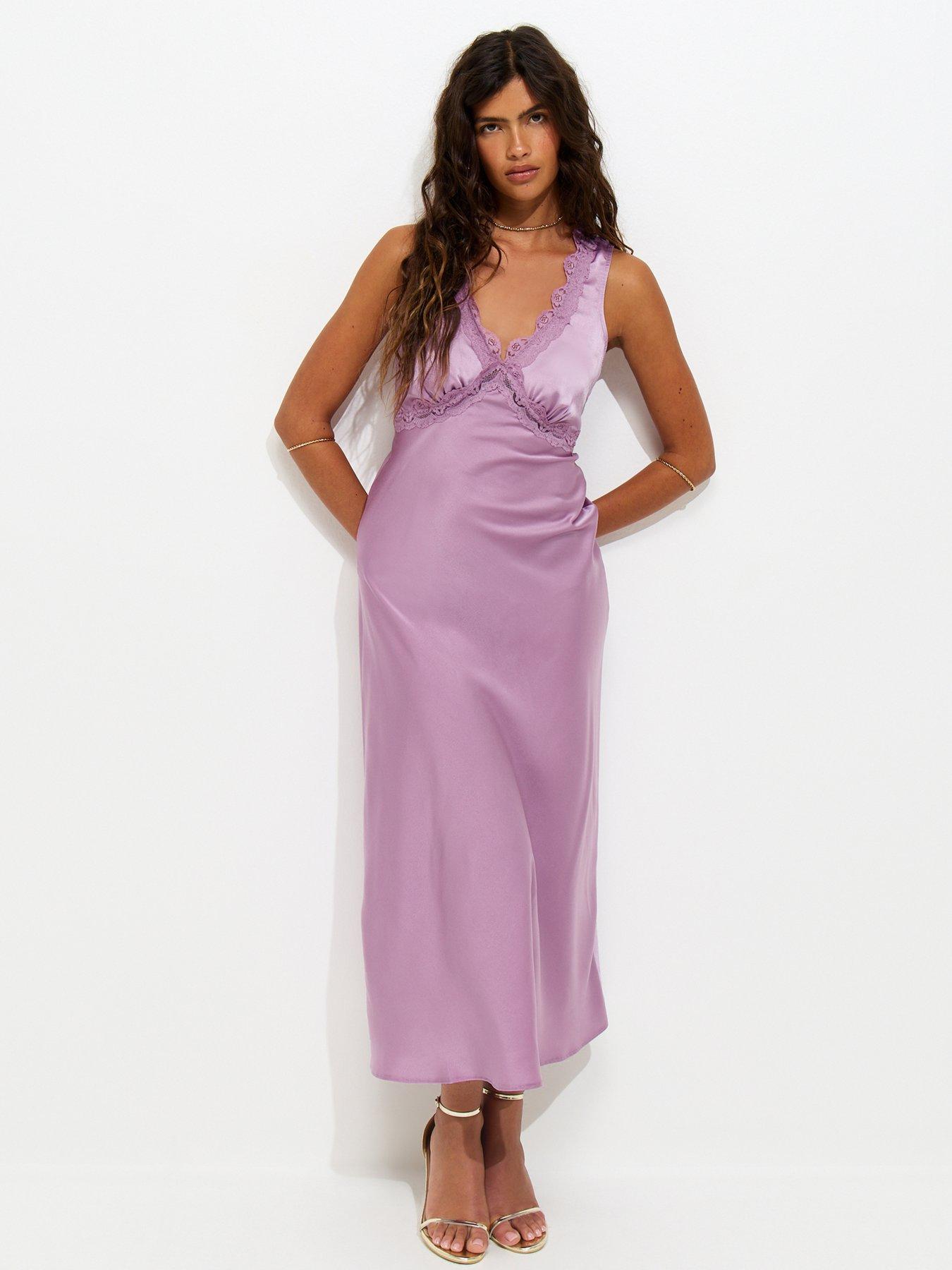 New Look Lilac Satin Lace Trimmed V-neck Midi Dress