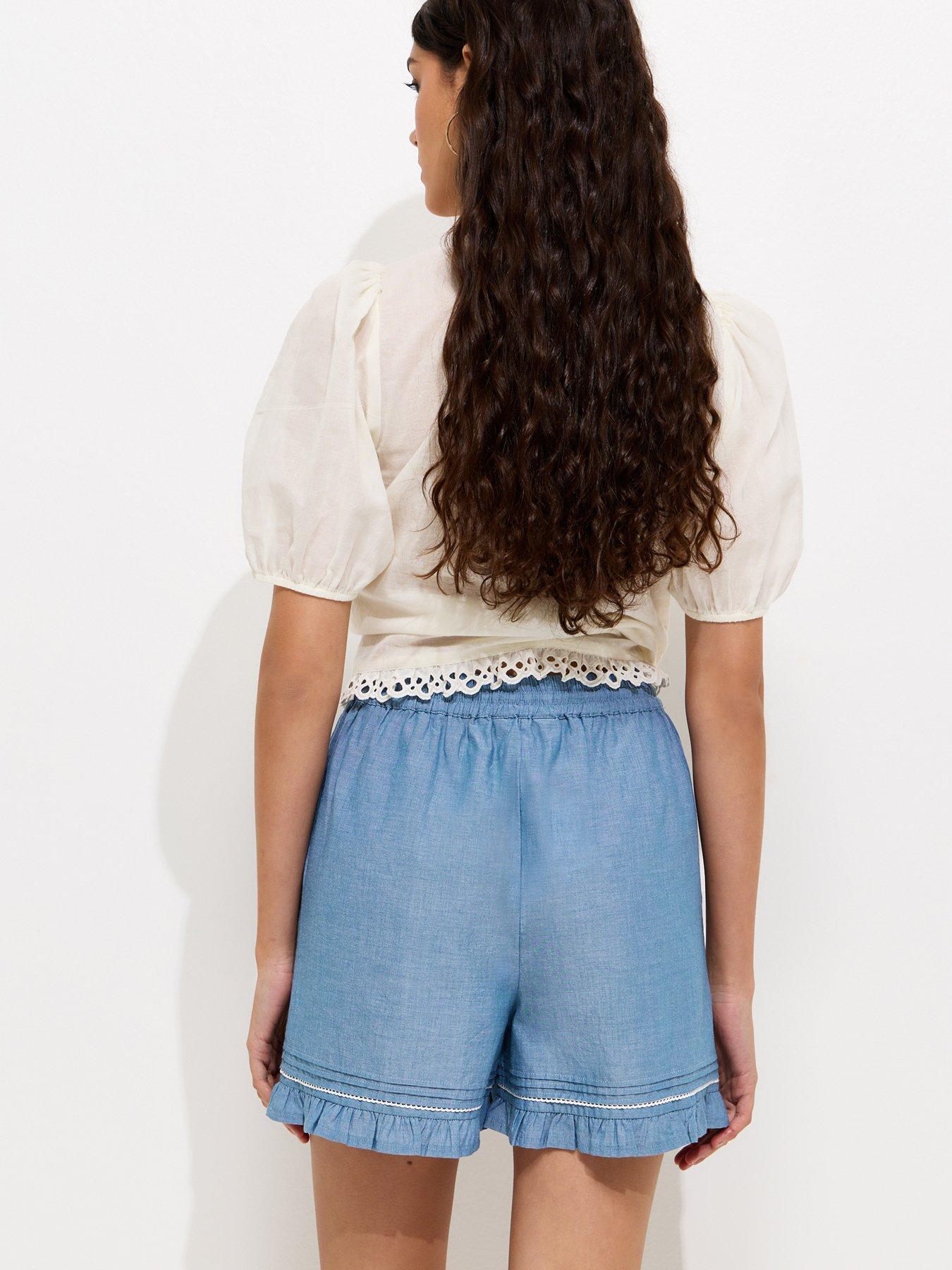 Image 2 of 6 of New Look Blue Chambray Frilly Trim Shorts