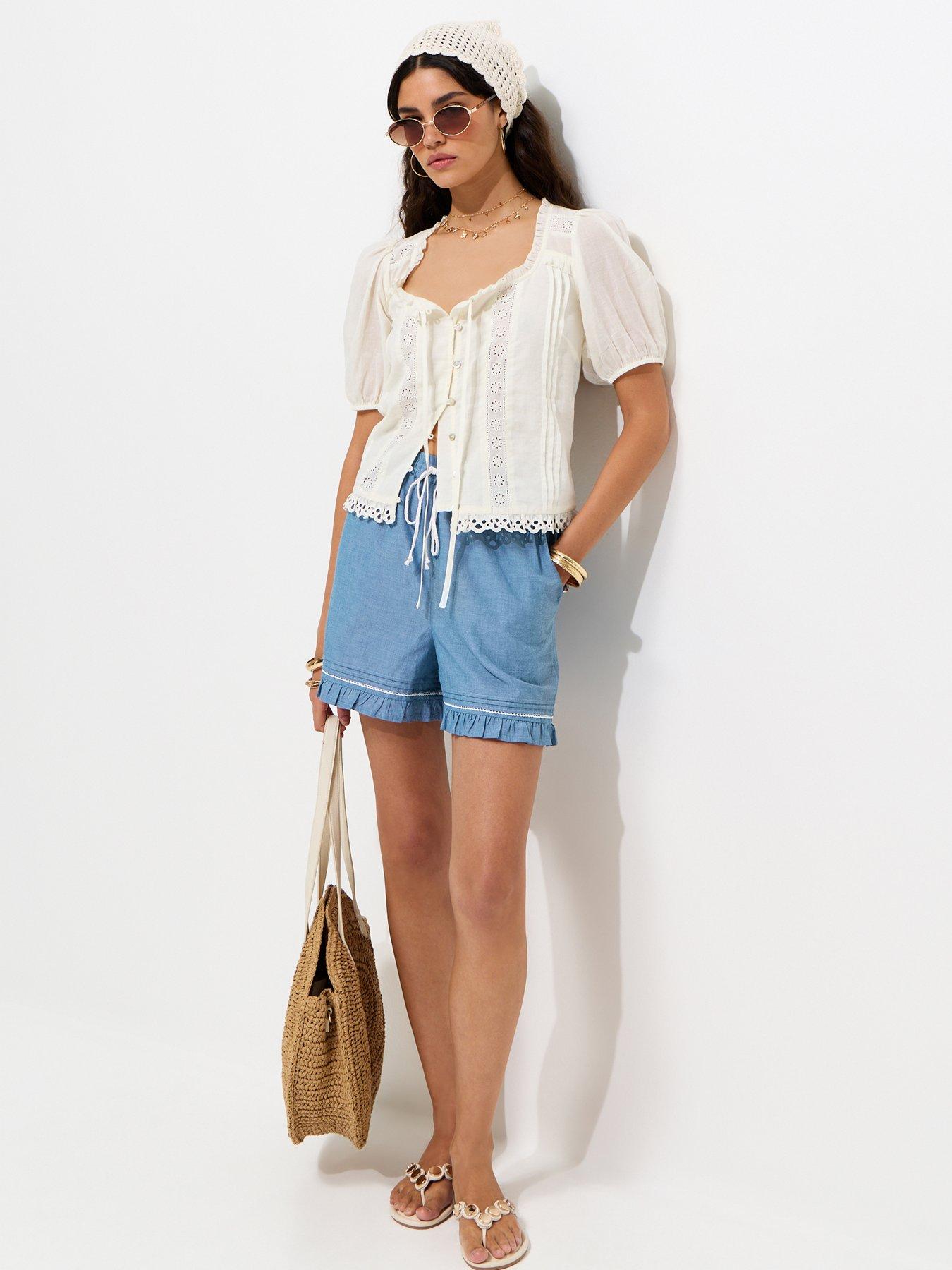 Image 3 of 6 of New Look Blue Chambray Frilly Trim Shorts