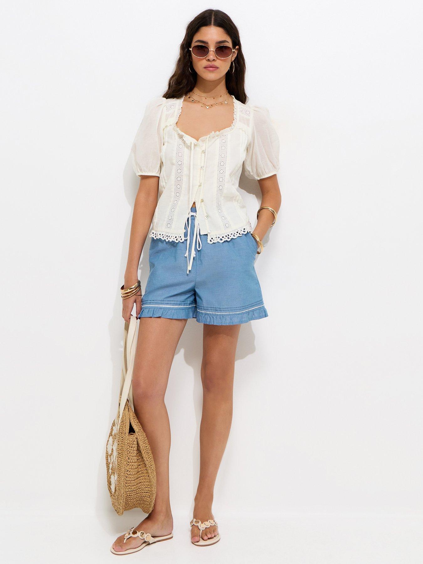 Image 4 of 6 of New Look Blue Chambray Frilly Trim Shorts