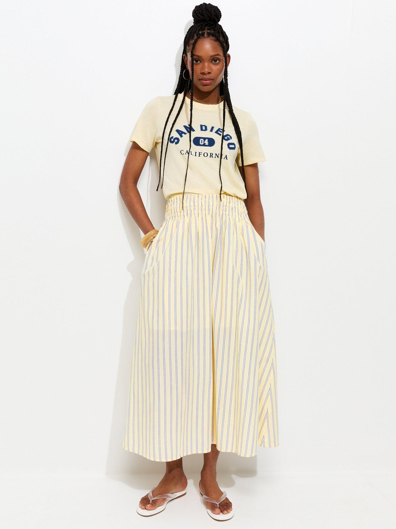 Image 1 of 5 of New Look Yellow Striped Midi Skirt