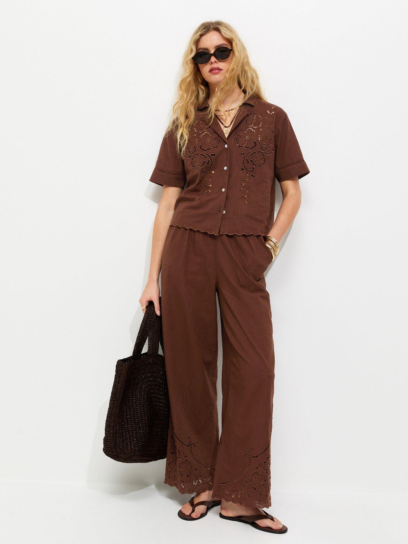 New Look Wide Leg Broderie Wide Leg Co Ord Trousers - Brown