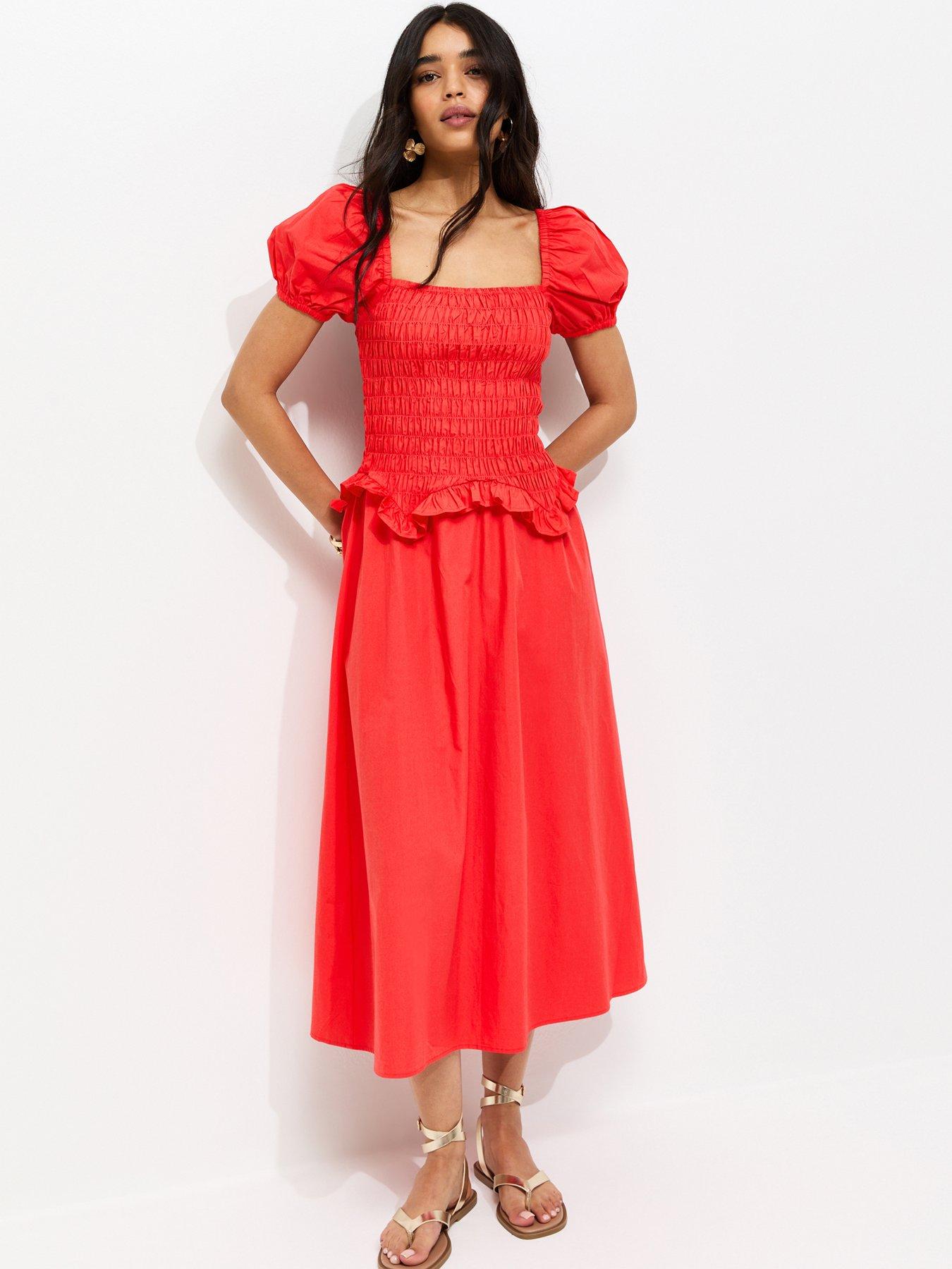 New Look Shirred Dropped Waist Midi Dress - Light Coral