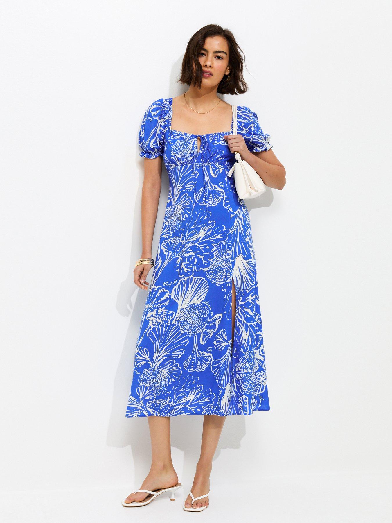 New Look Sketchy Coral Print Slit Hem Midi Dress - Blue