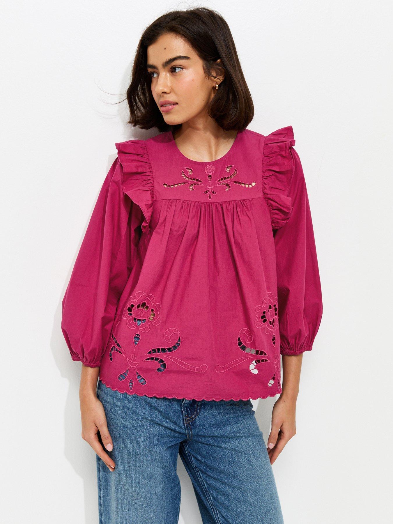New Look Broderie Anglaise Frill Trim Blouse - Dark Pink