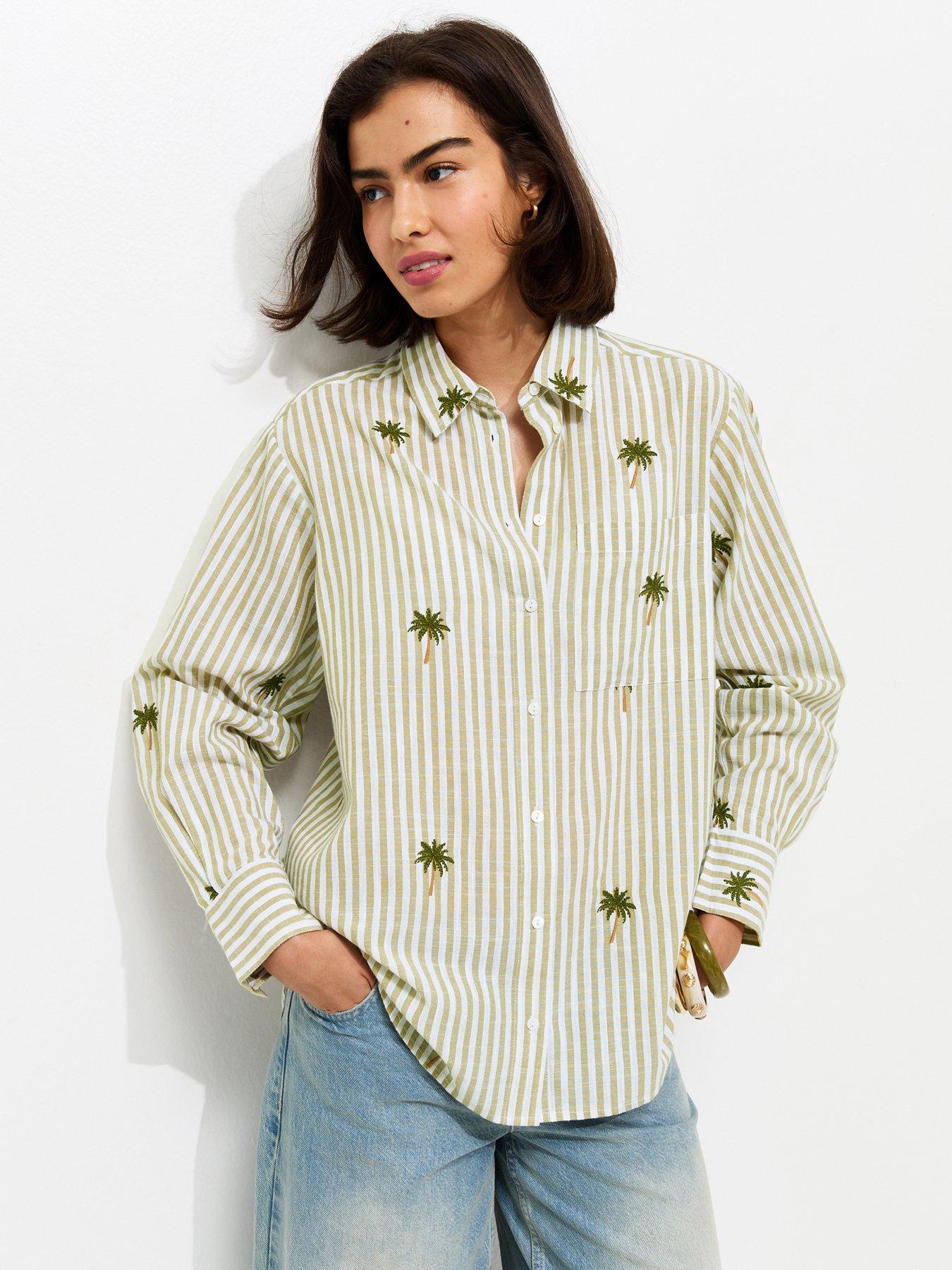 New Look Striped Palm Tree Embroidered Shirt - Green