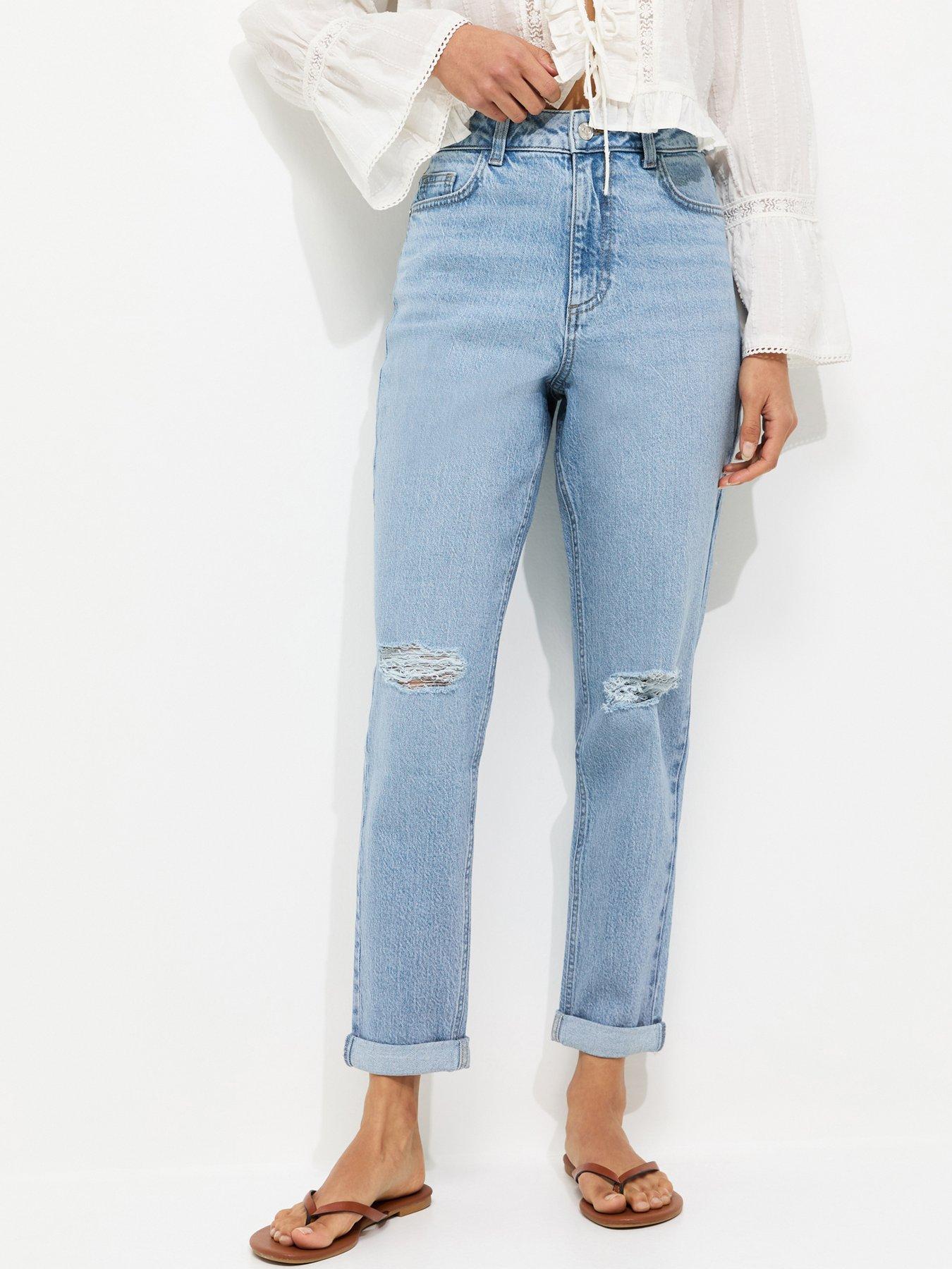 New Look Ripped Textured Mom Tori Jeans - Blue