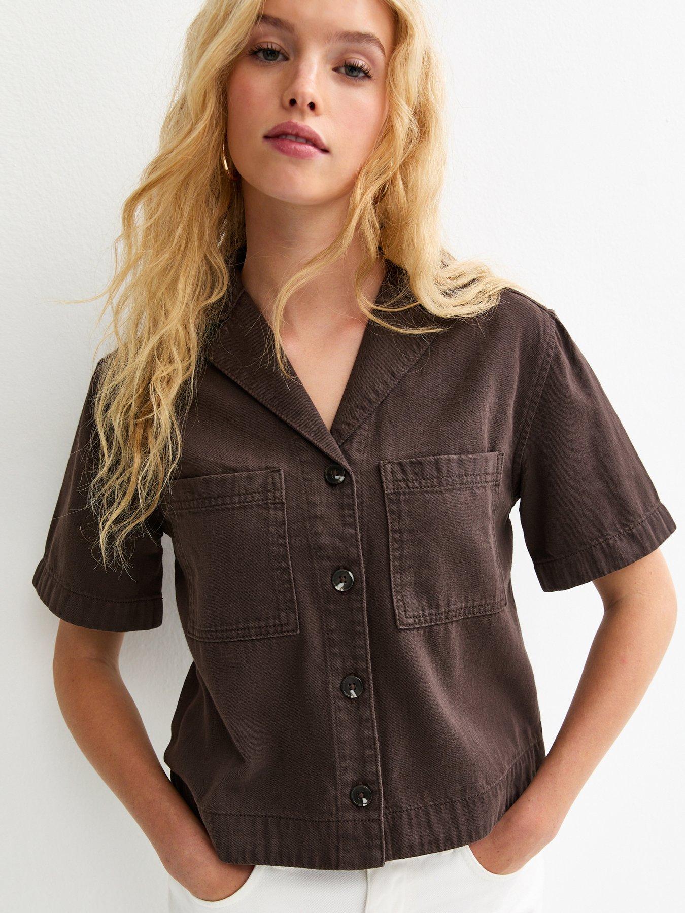 New Look Cotton Twill Short Sleeve Boxy Shirt - Brown