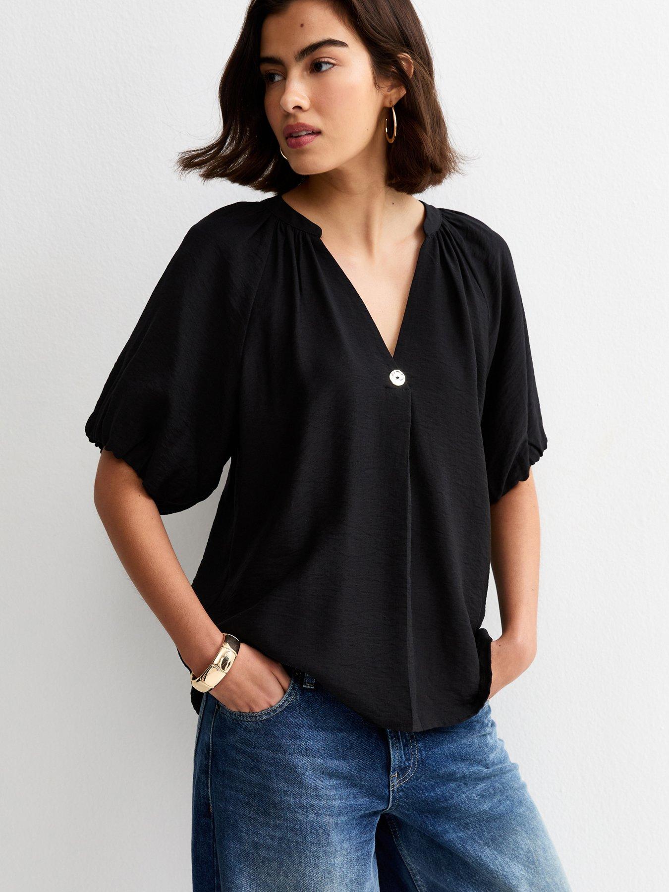 Image 1 of 5 of New Look Puff Sleeve V-Neck Blouse - Black