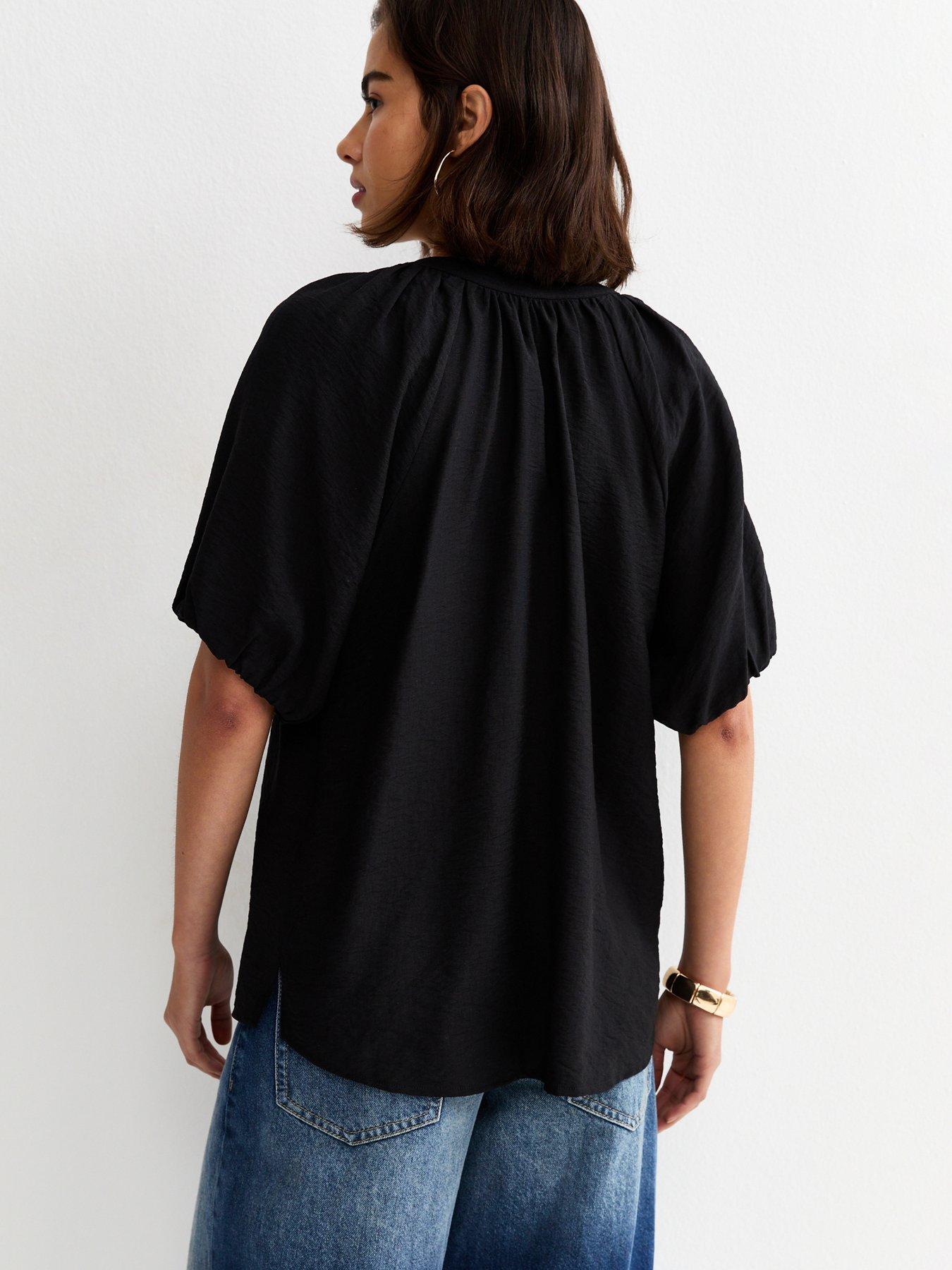 Image 2 of 5 of New Look Puff Sleeve V-Neck Blouse - Black