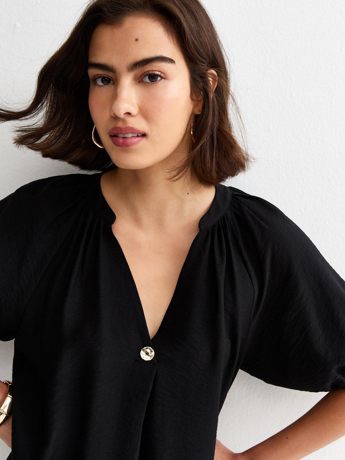 Image 4 of 5 of New Look Puff Sleeve V-Neck Blouse - Black