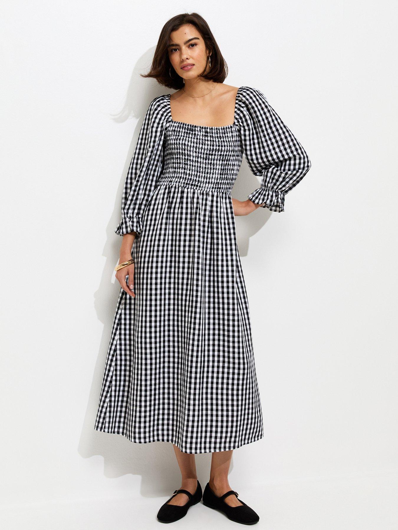 New Look Gingham Shirred Cropped Puff Sleeve Midi Dress - Black/White