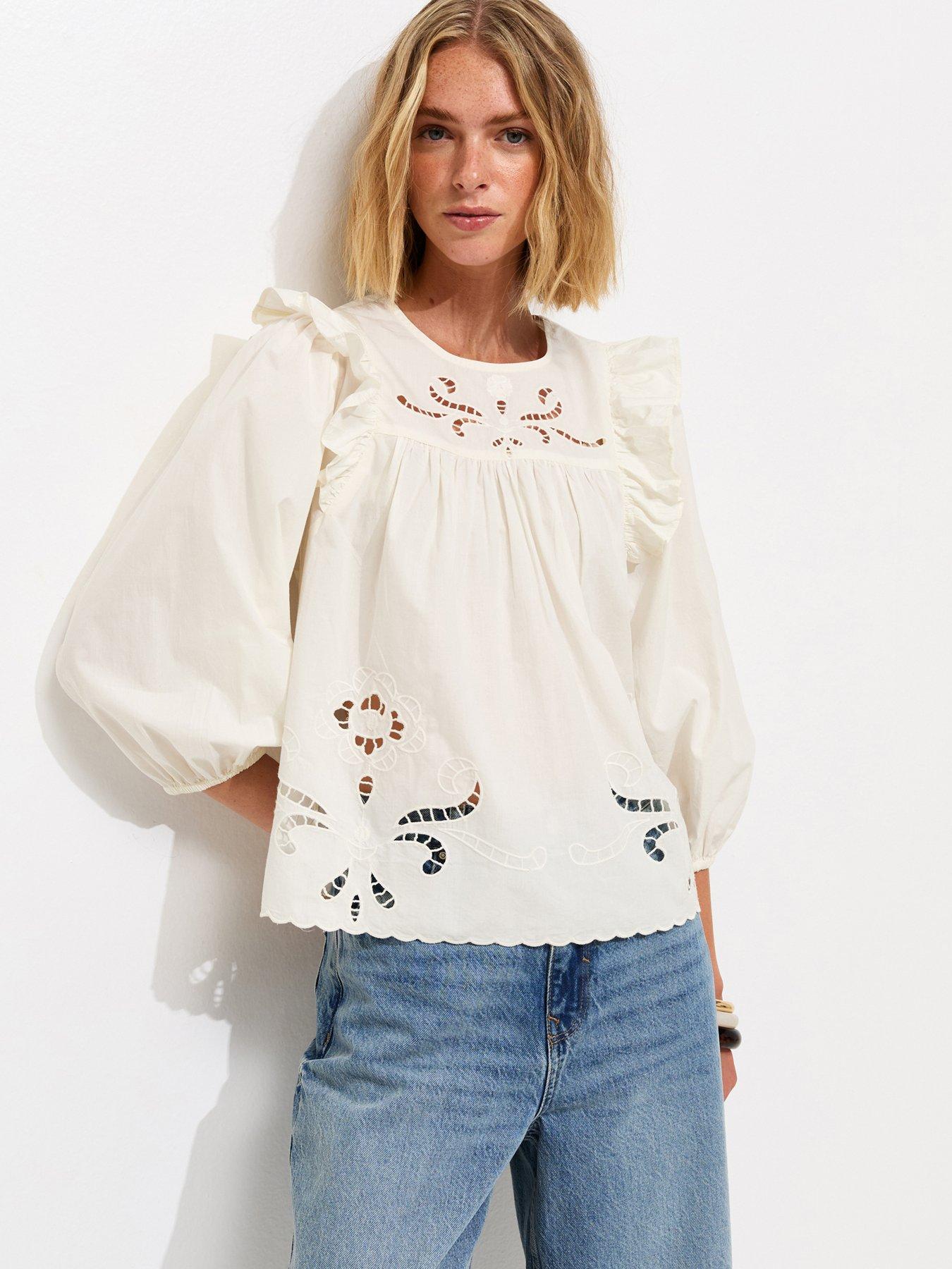 New Look Broderie Frill Trim Blouse - Cream