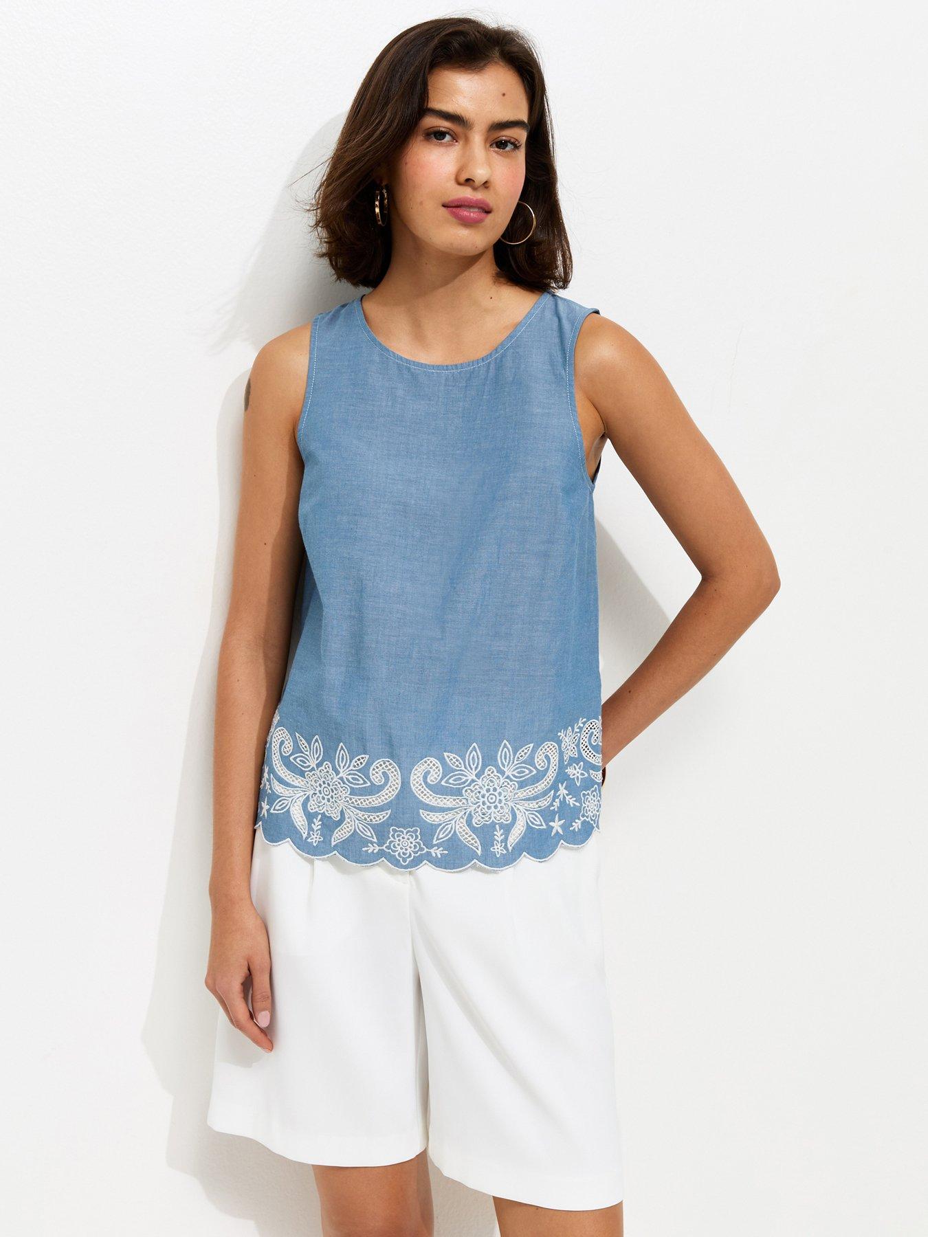 New Look Embroidered Hem Sleeveless Co-ord Top - Blue