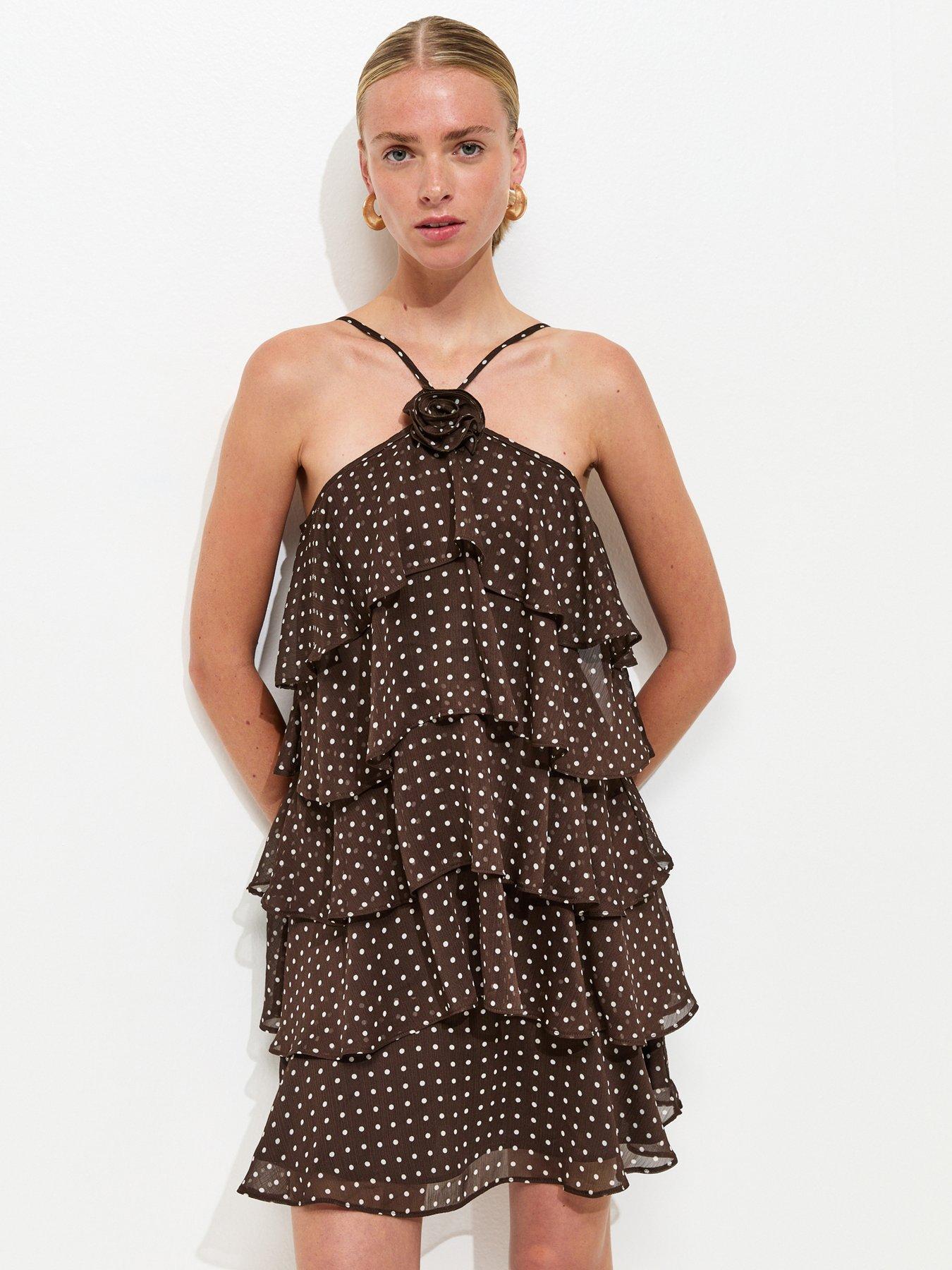 New Look Polka Dot Ruffle Halterneck Mini Dress - Brown