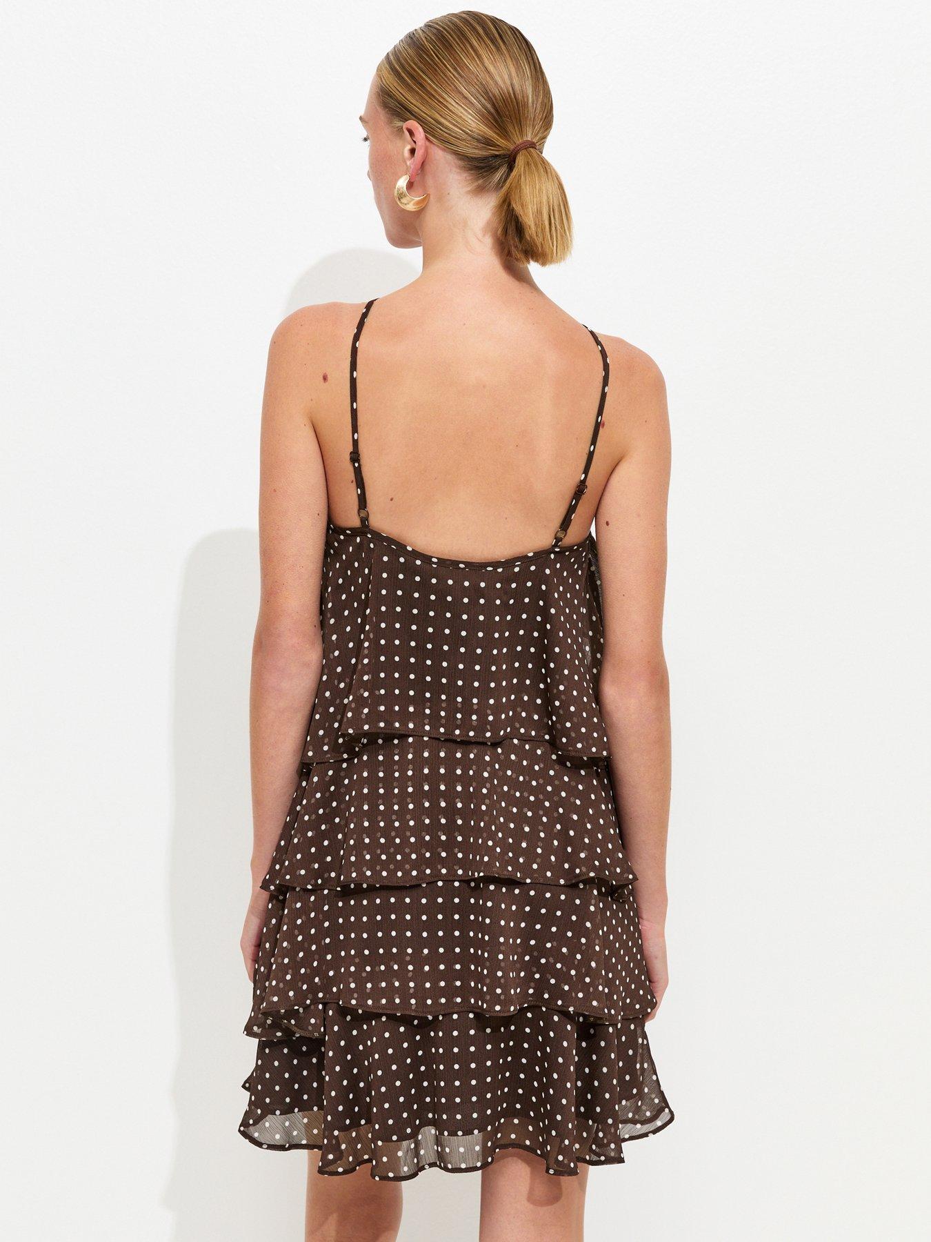 Image 2 of 5 of New Look Polka Dot Ruffle Halterneck Mini Dress - Brown