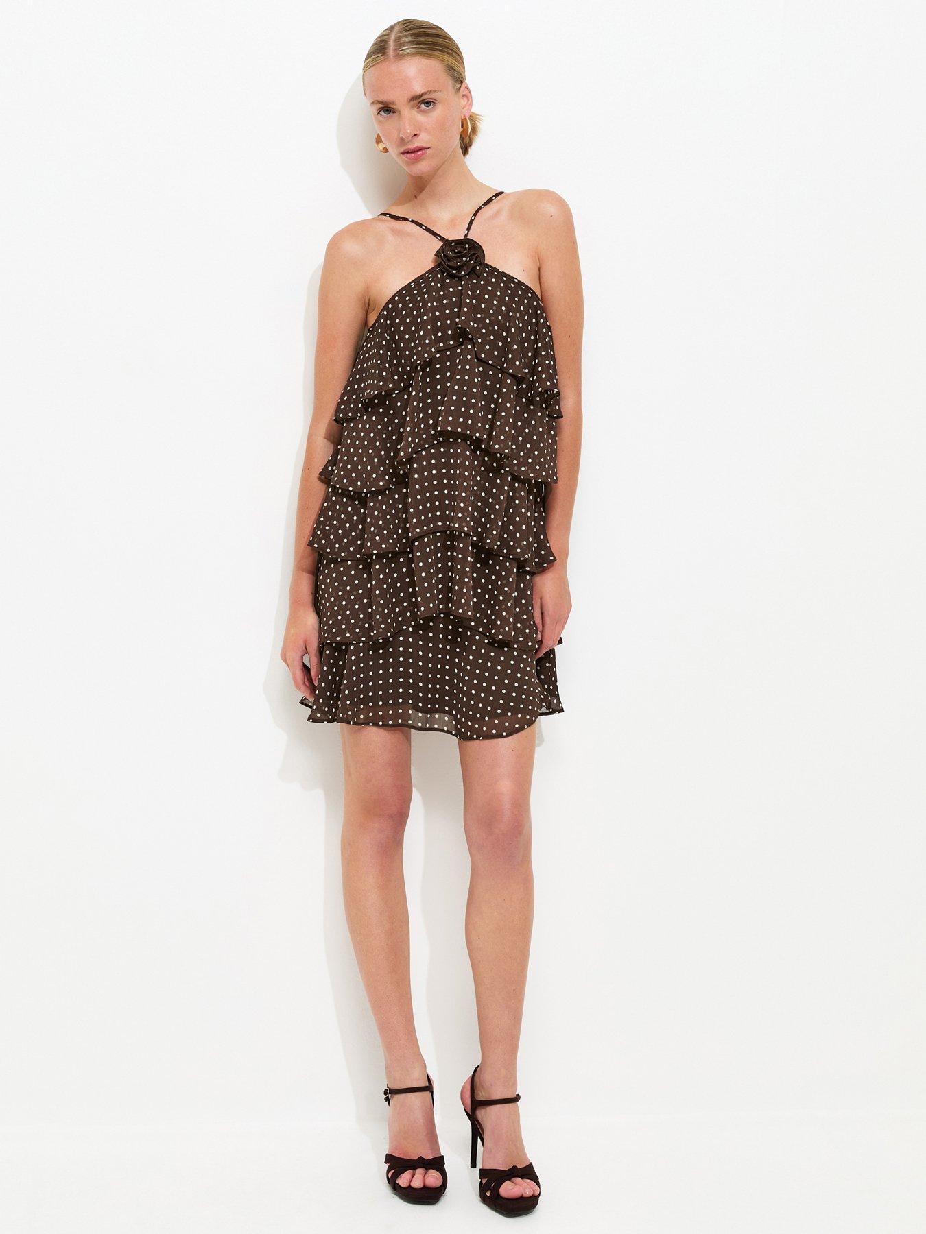 Image 3 of 5 of New Look Polka Dot Ruffle Halterneck Mini Dress - Brown