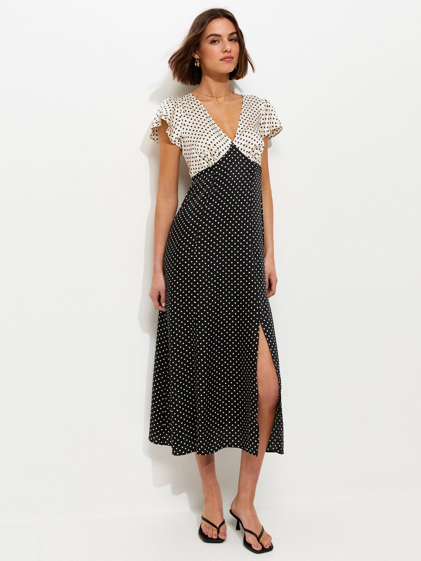 New Look Black And White Satin Polka Dot Midi Dress - Cream