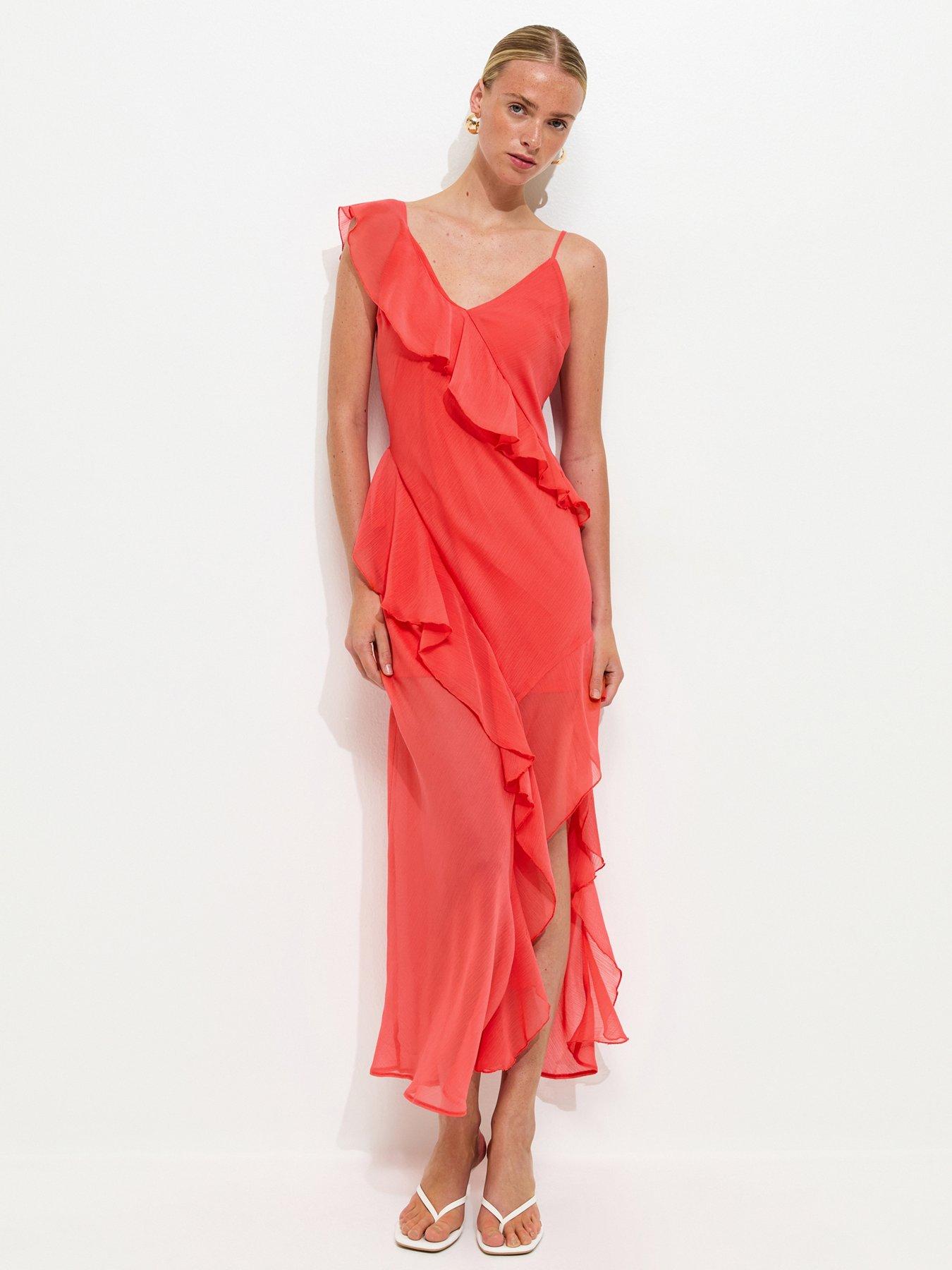 New Look Chiffon Ruffle Trim Strappy Midi Dress - Dark Coral