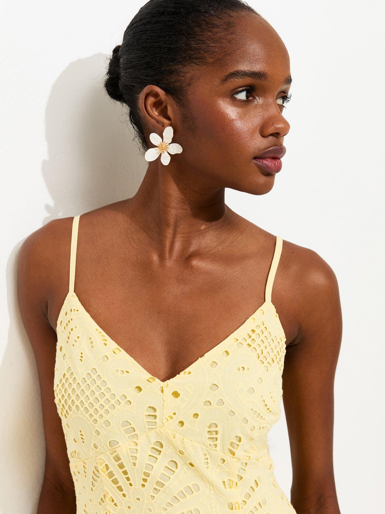 Image 4 of 5 of New Look Cutwork Strappy Midi Dress - Yellow