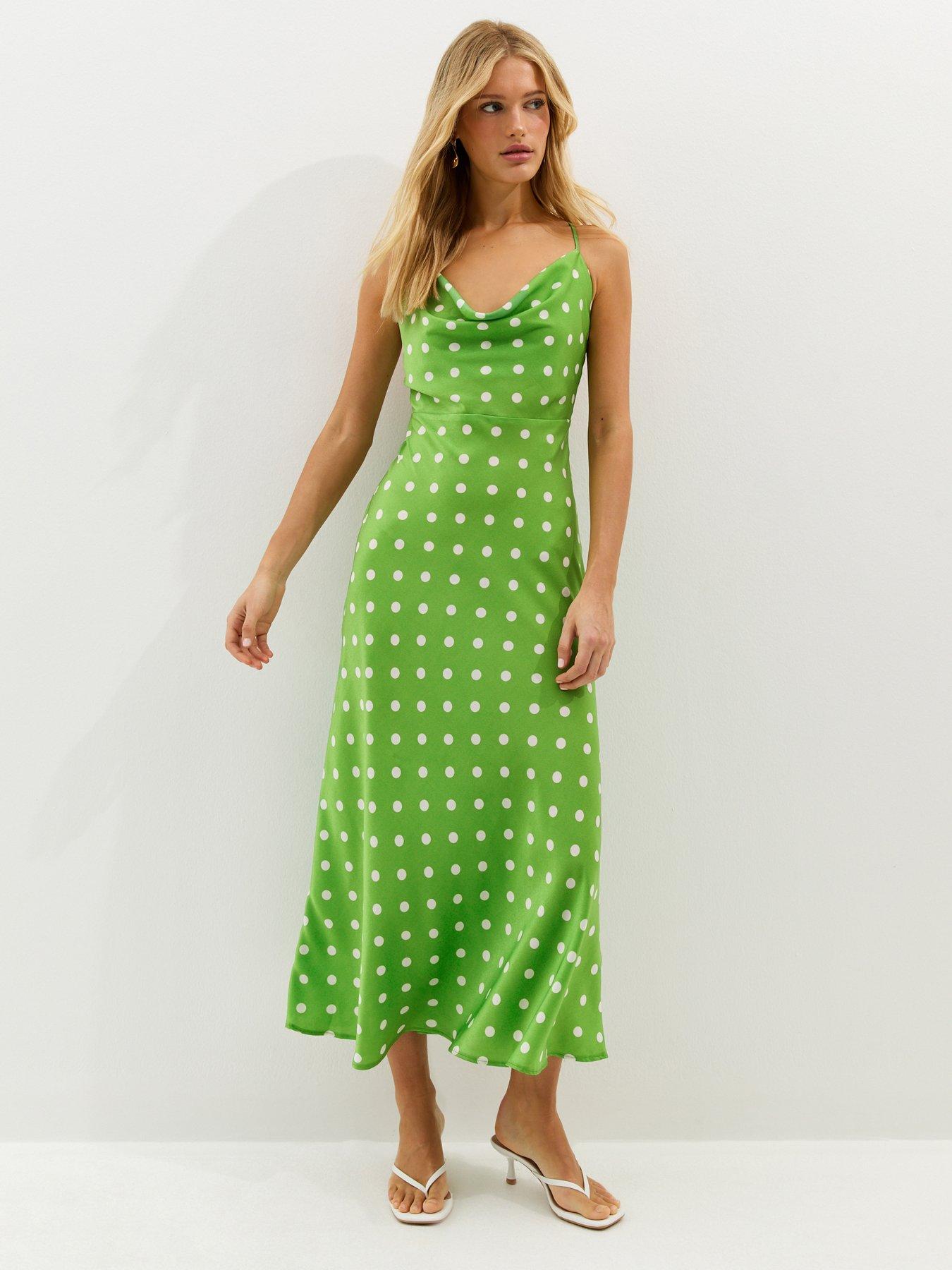 New Look Polka Dot Satin Strappy Midi Dress - Green
