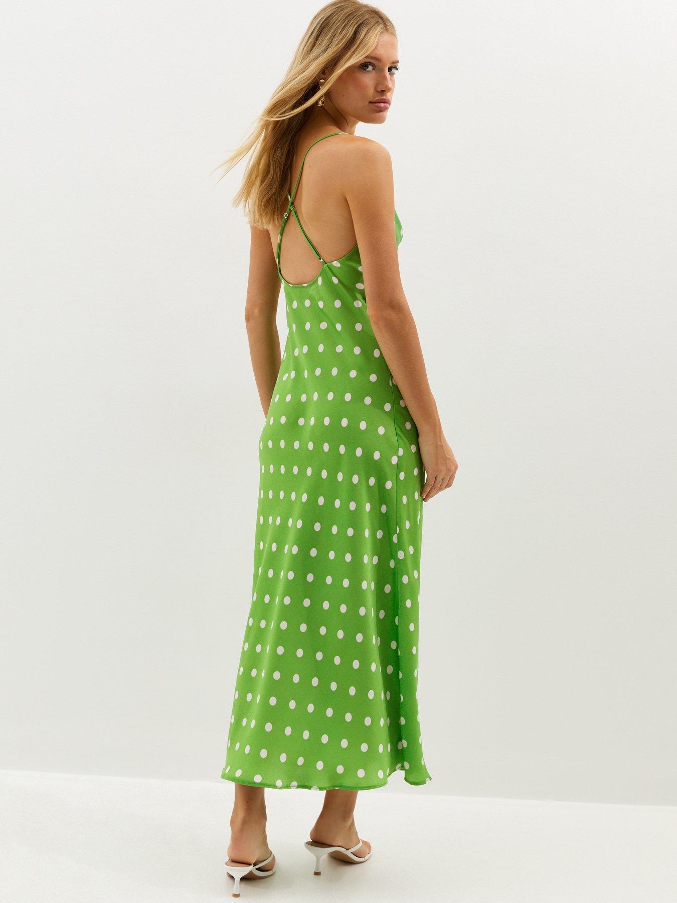 Image 2 of 6 of New Look Polka Dot Satin Strappy Midi Dress - Green