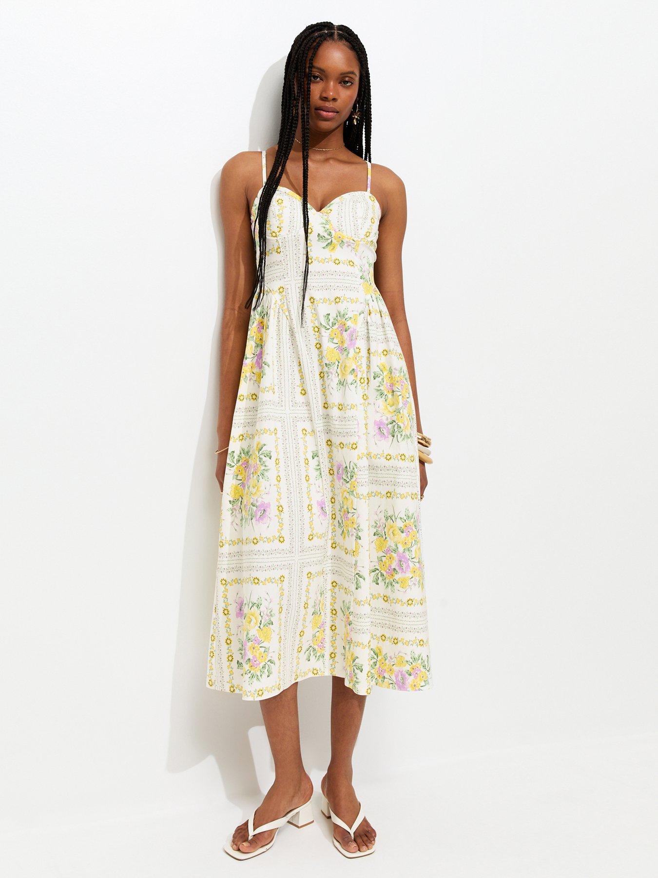 New Look Cream Floral Print Corset Bust Flared Midi Dress