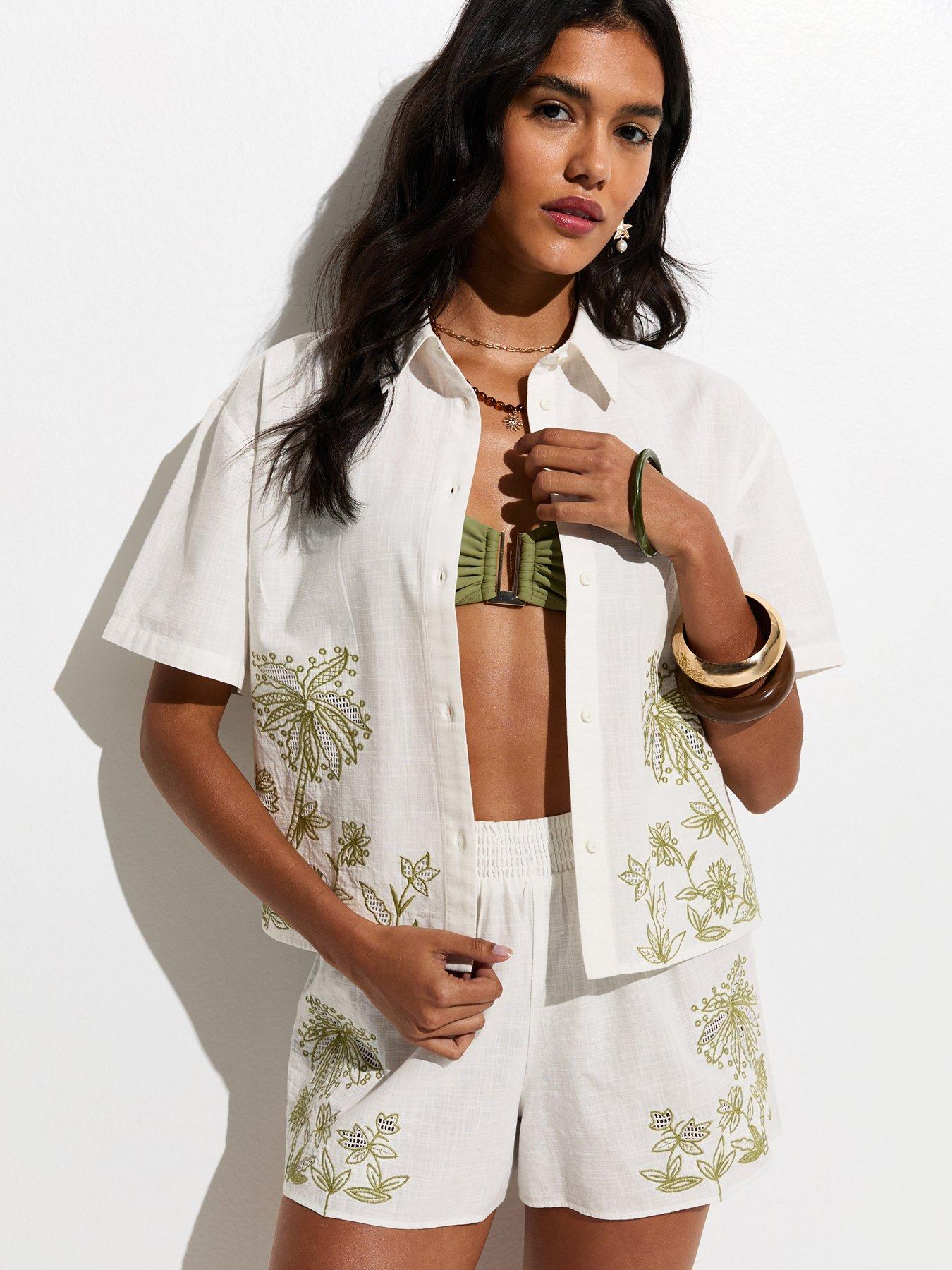 New Look Woven Palm Embroidered Cotton Beach Shirt - White