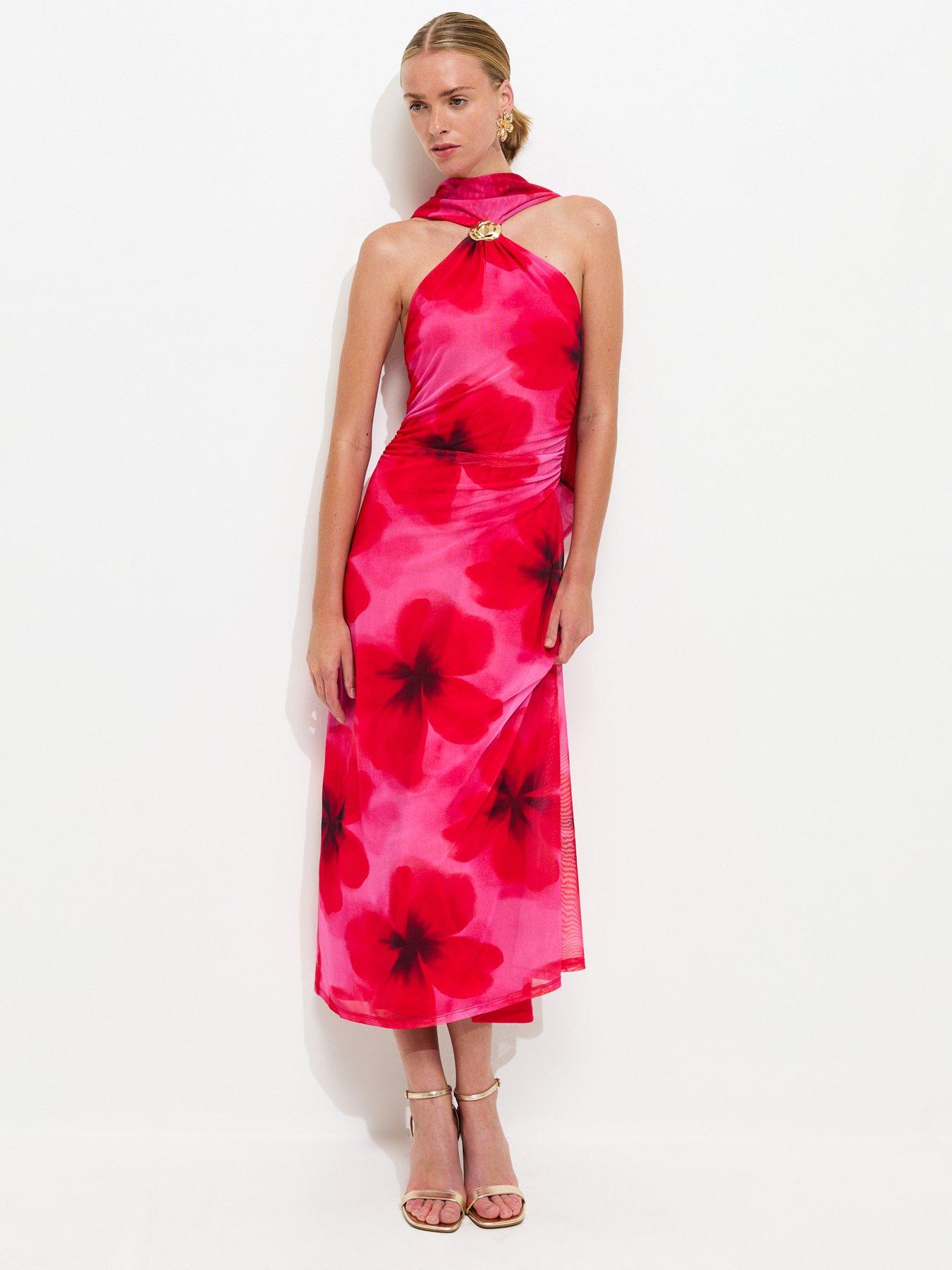 New Look Floral Halter Scarf Detail Mesh Midi Dress - Dark-Pink/Red