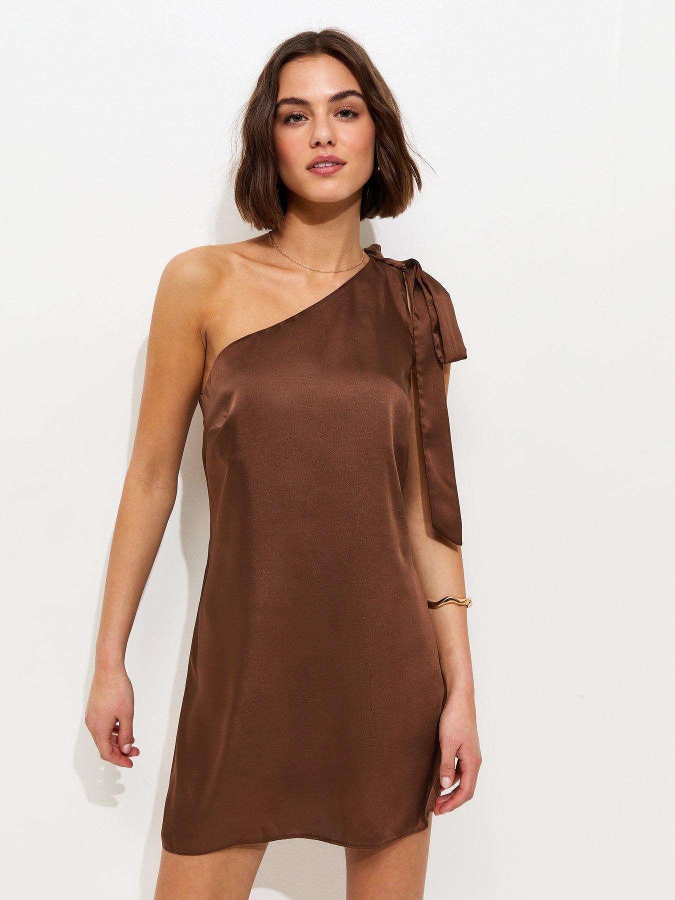 New Look Satin One Shoulder Mini Dress - Dark Brown