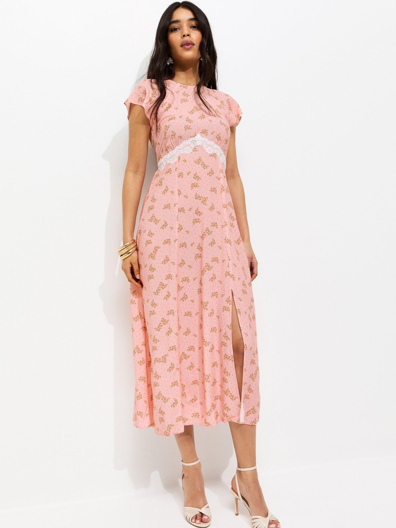 New Look Floral Lace Waist Midi Dress - Pink
