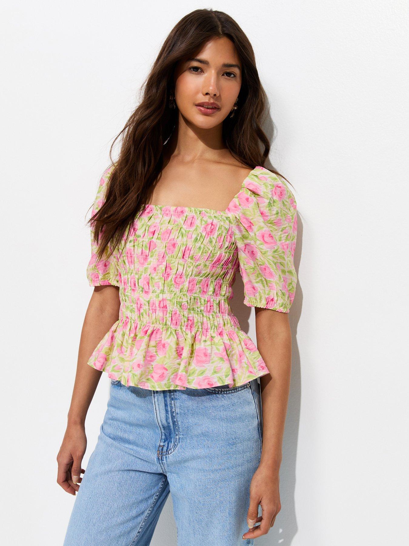 New Look Pink Rose Print Shirred Puff Sleeve Top