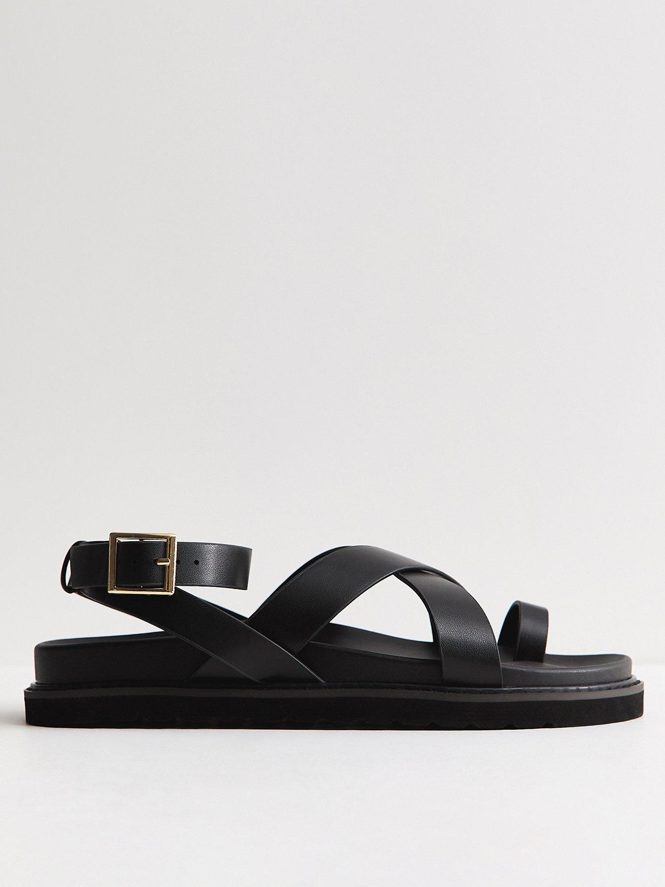 Image 2 of 5 of New Look Faux Suede Toe Loop Chunky Flat Sandals - Black