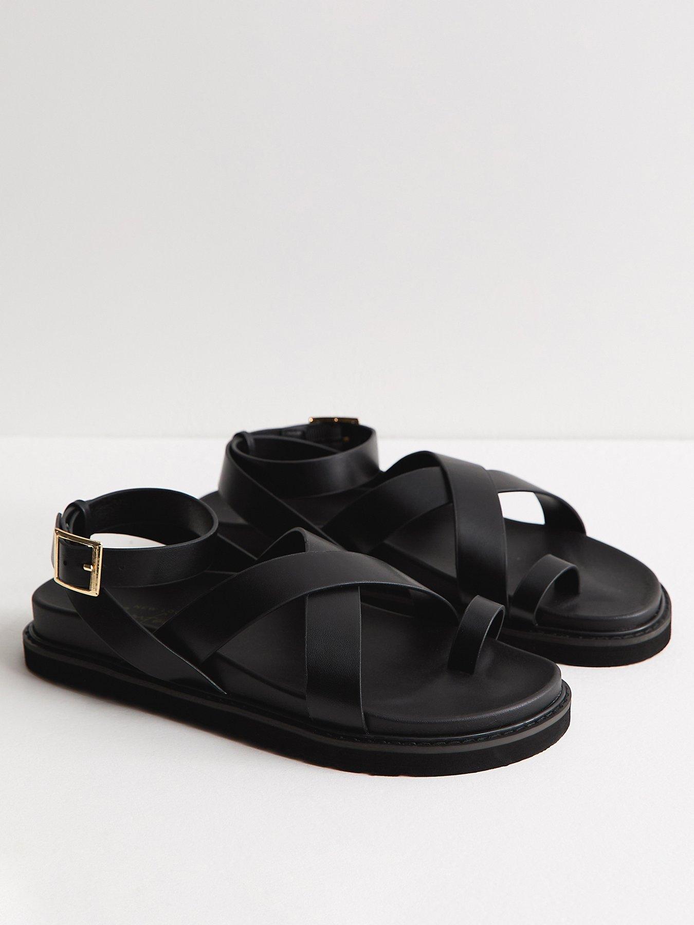 Image 3 of 5 of New Look Faux Suede Toe Loop Chunky Flat Sandals - Black