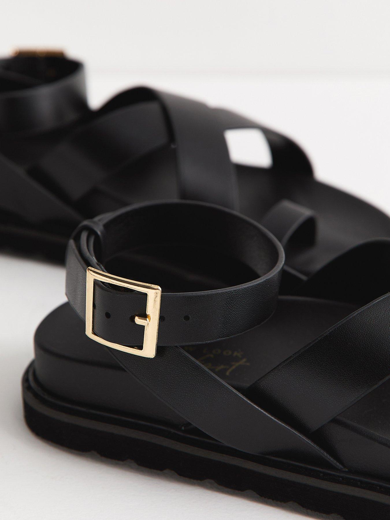 Image 5 of 5 of New Look Faux Suede Toe Loop Chunky Flat Sandals - Black