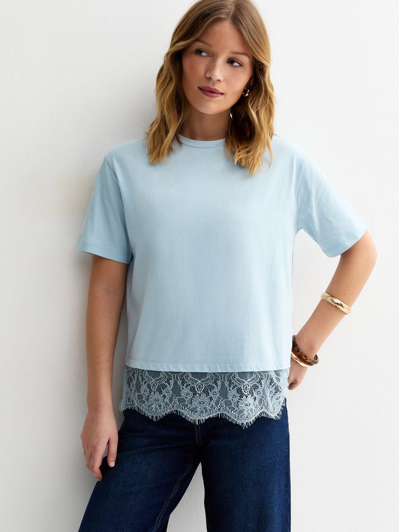 New Look Lace Hem Boxy T-Shirt - Light Blue