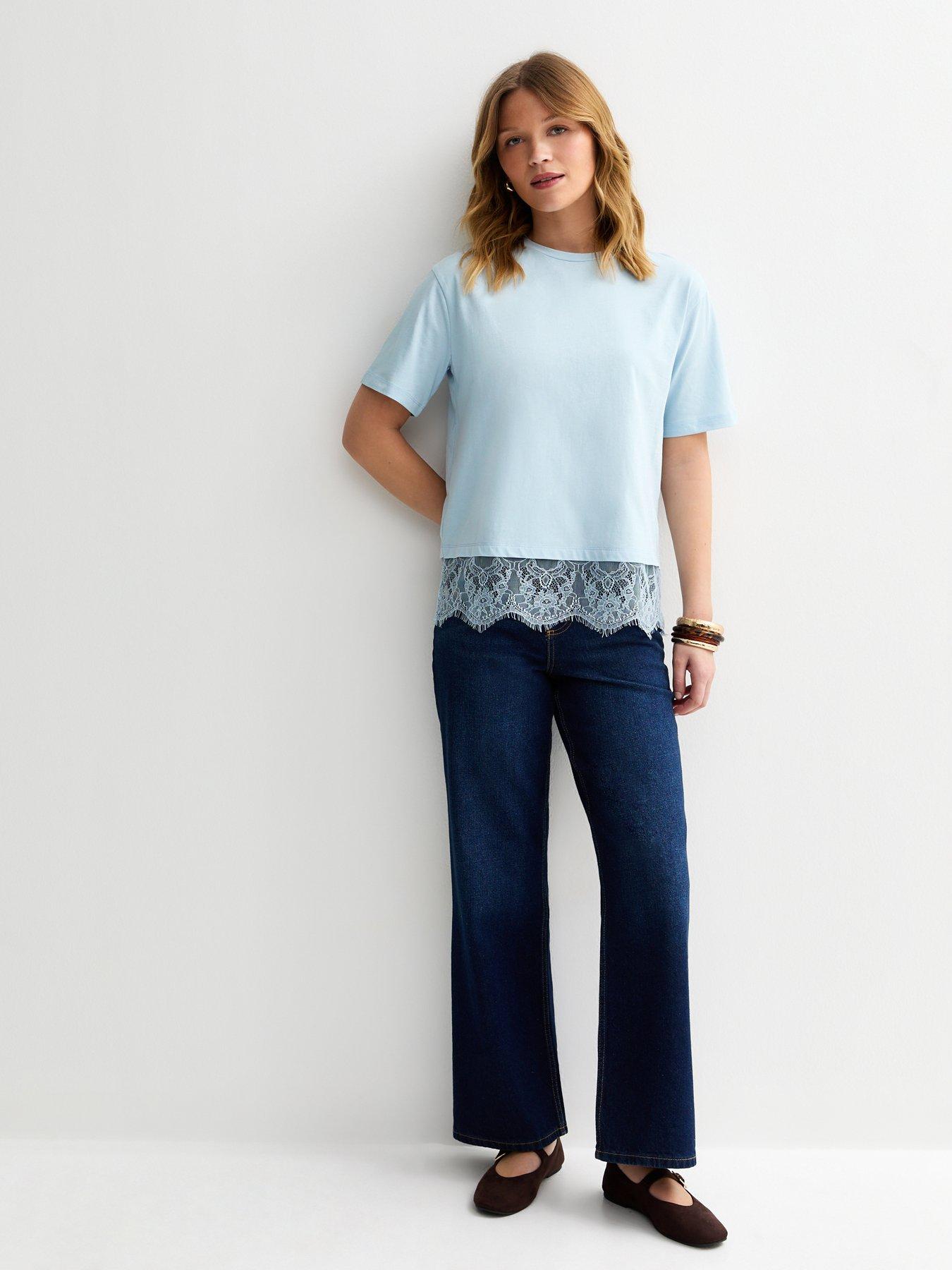 Image 3 of 5 of New Look Lace Hem Boxy T-Shirt - Light Blue