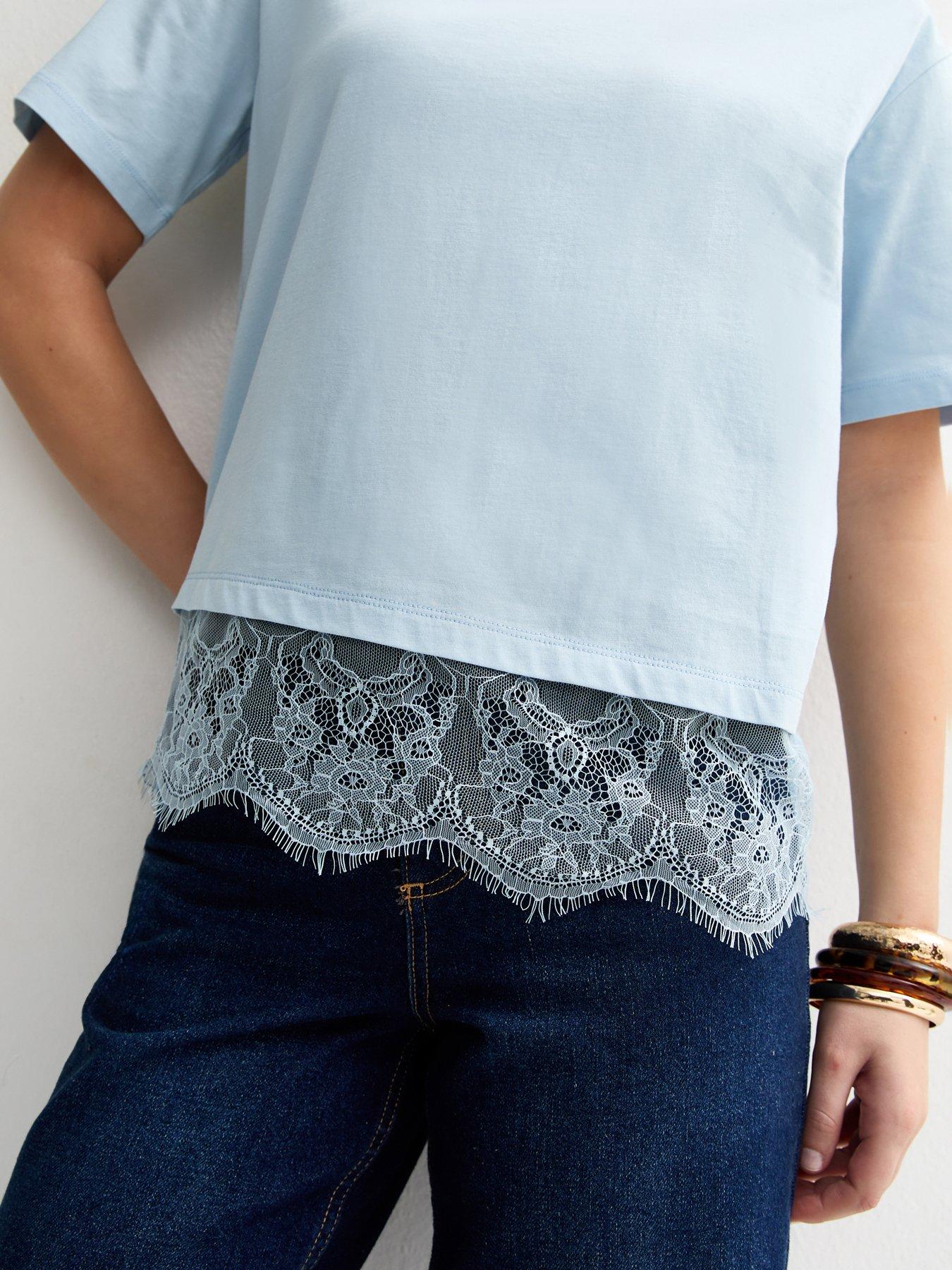 Image 4 of 5 of New Look Lace Hem Boxy T-Shirt - Light Blue