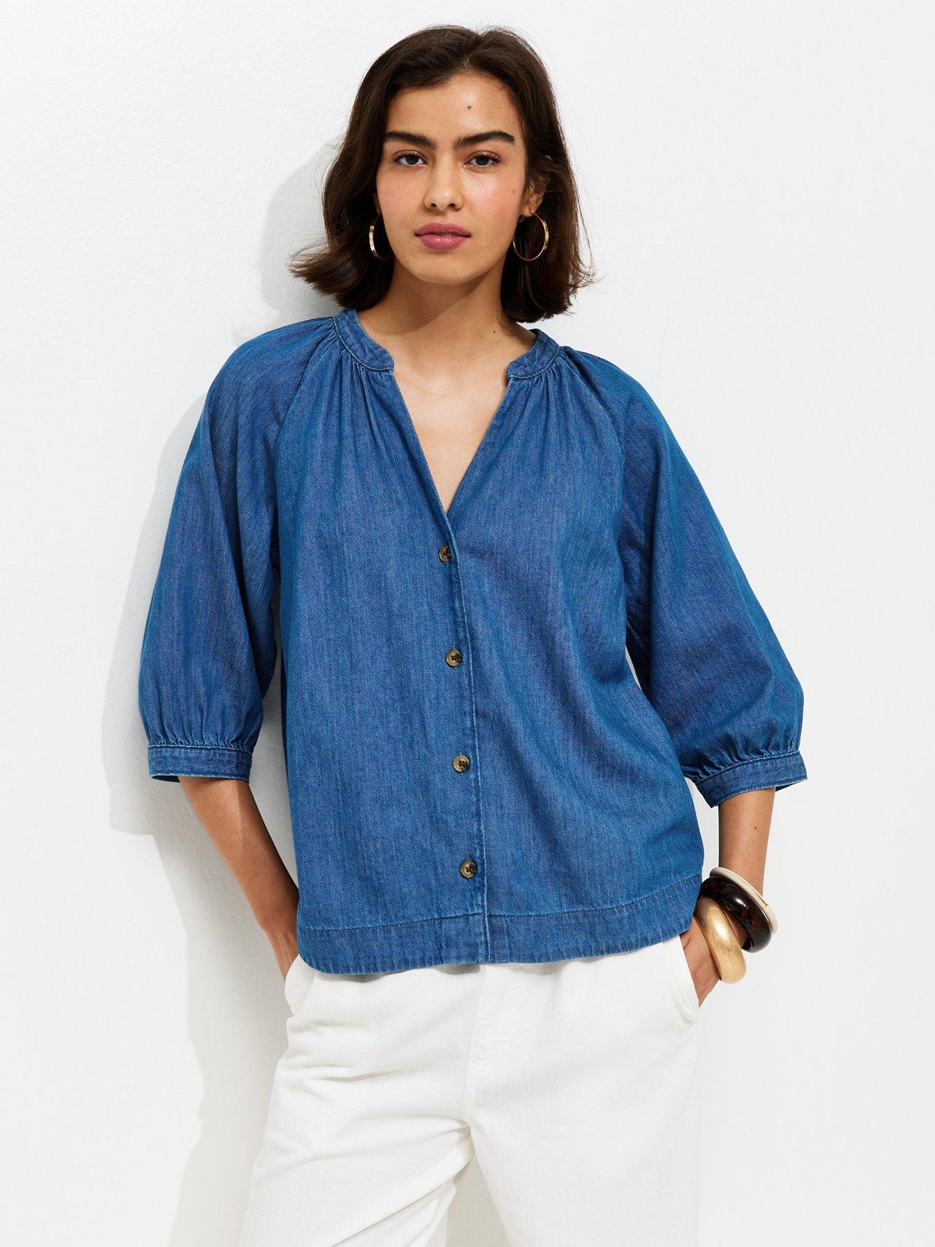 New Look Denim Cropped Sleeve Shirt - Blue