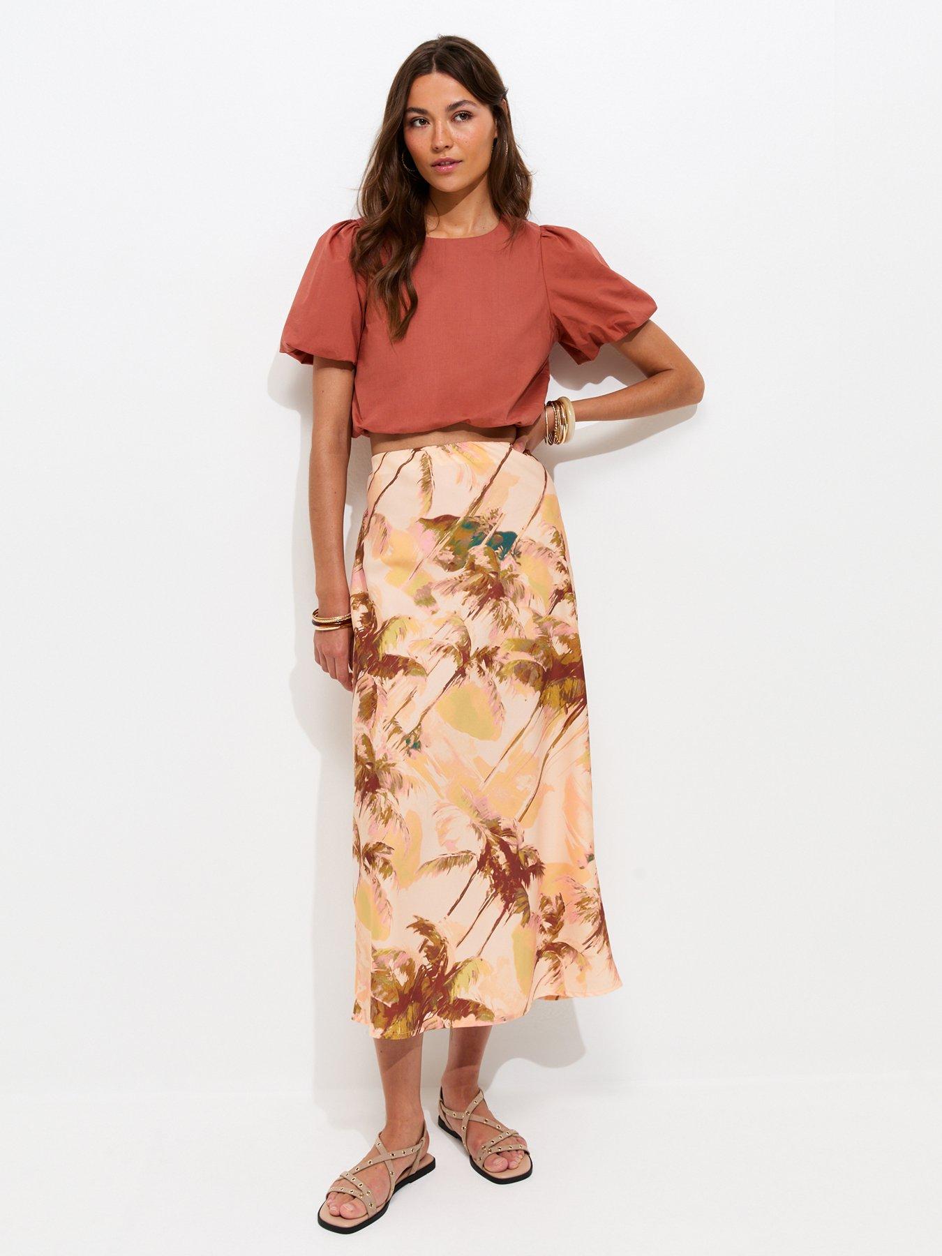 New Look Blurry Palm Tree Print Bias Cut Midi Skirt - Pink