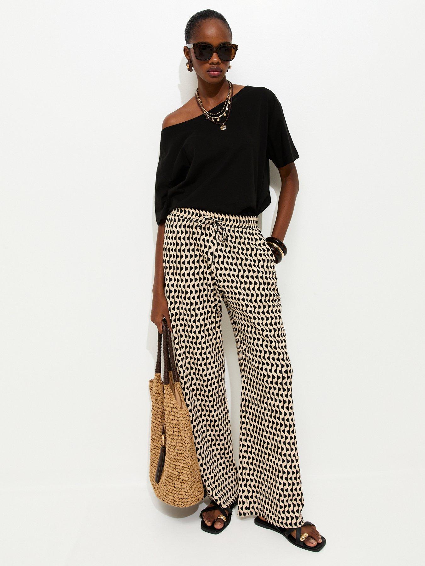 Image 1 of 5 of New Look Geometric Crinkle Wide Leg Trousers - Black