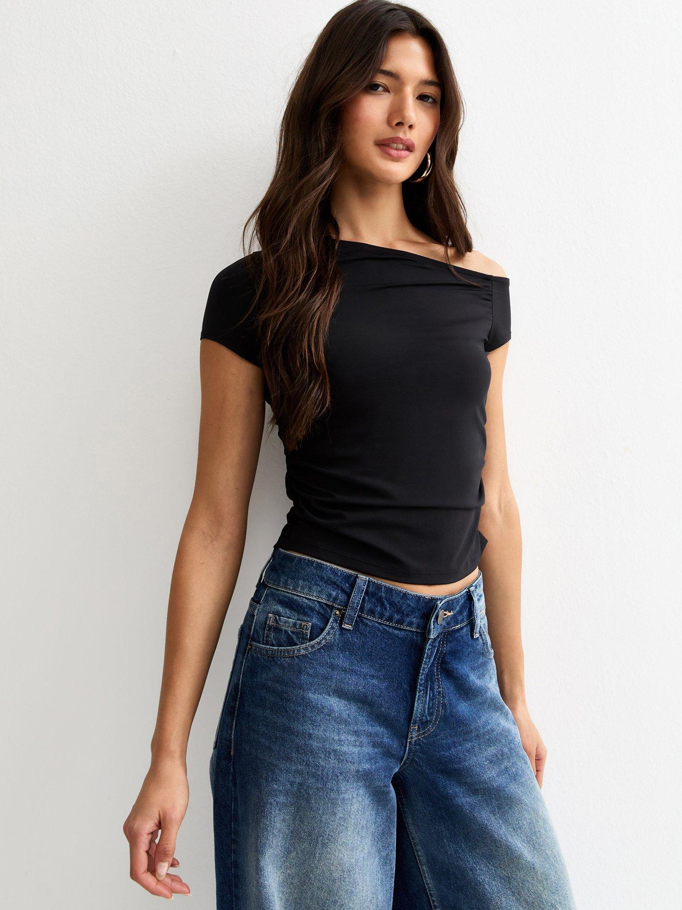 New Look Off Shoulder Gathered Side Top - Black