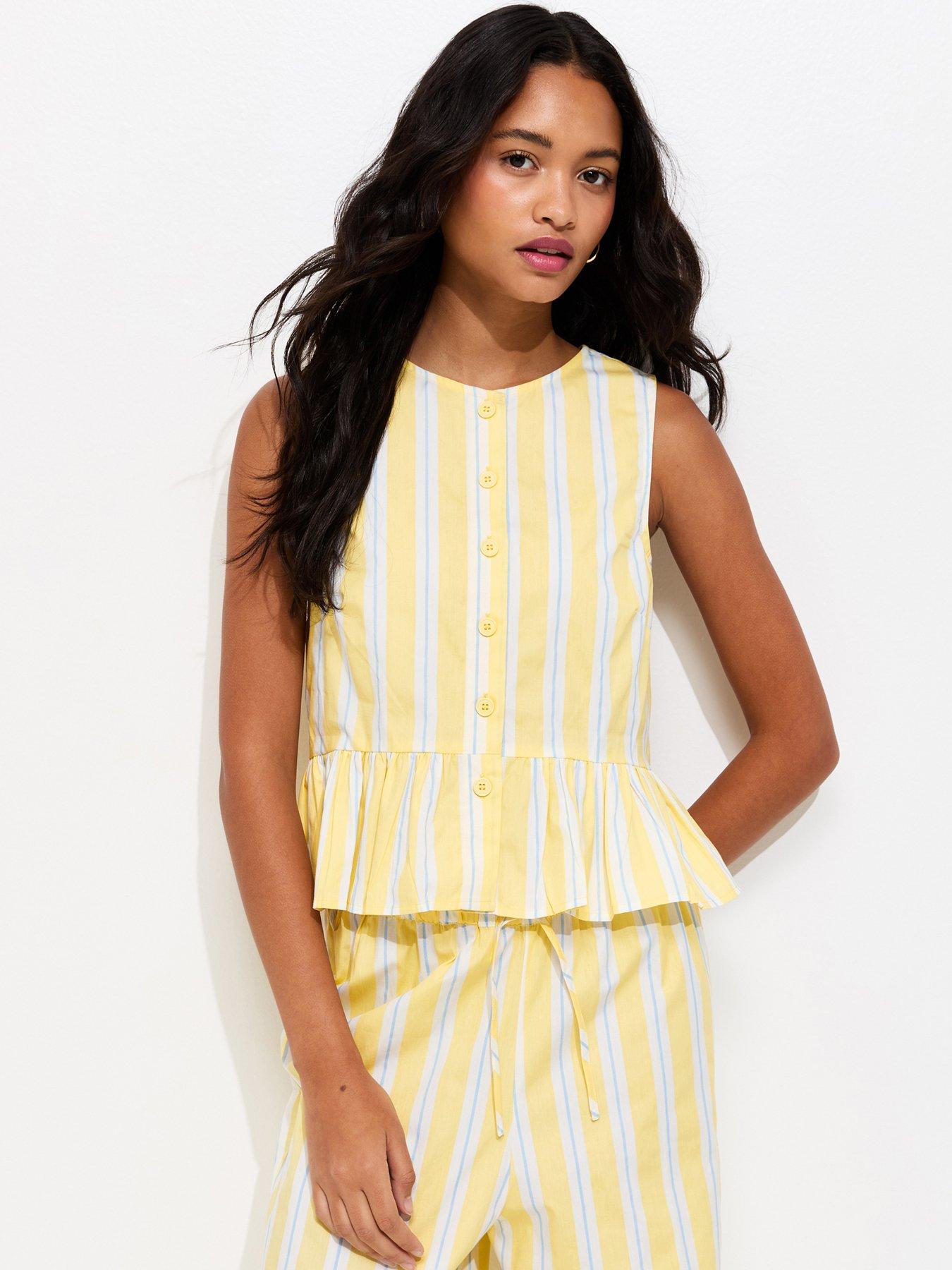 Image 1 of 5 of New Look Striped Peplum Hem Button Front Top - Light Yellow
