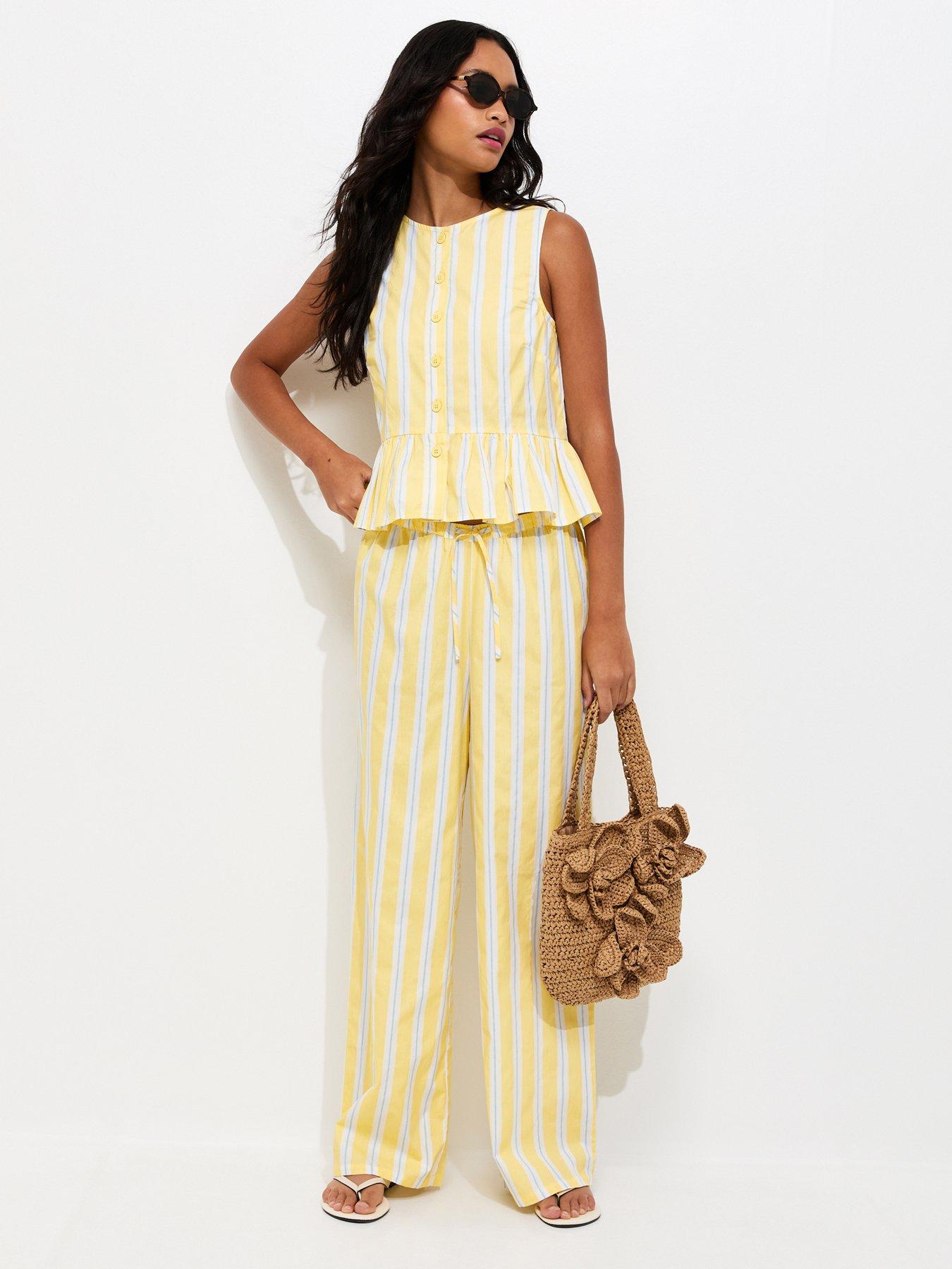 Image 3 of 5 of New Look Striped Peplum Hem Button Front Top - Light Yellow