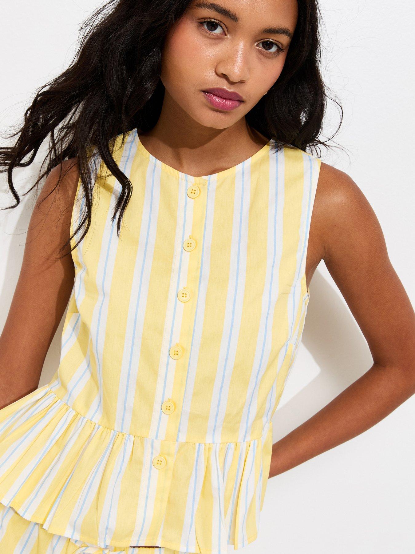 Image 4 of 5 of New Look Striped Peplum Hem Button Front Top - Light Yellow
