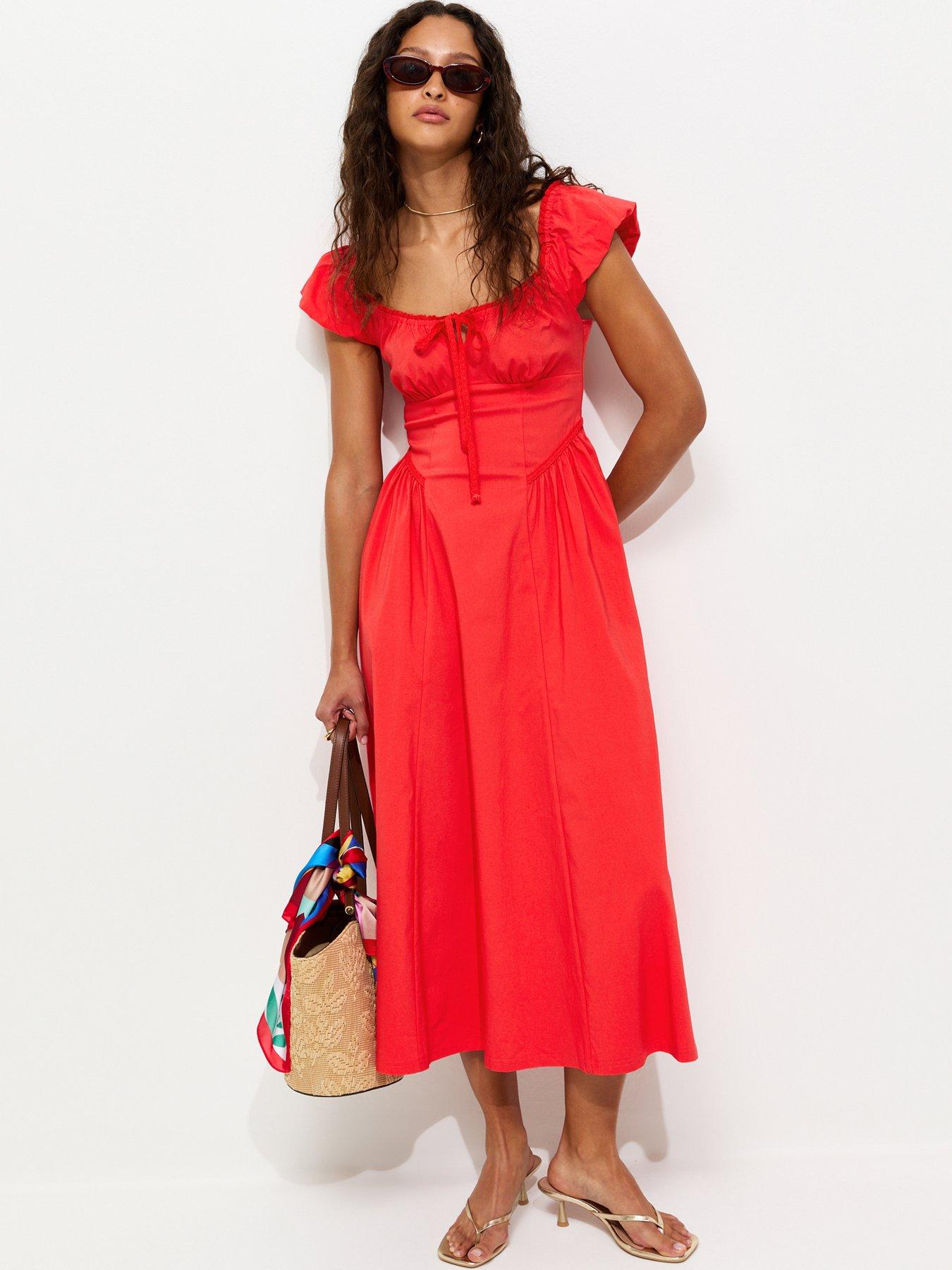 New Look Dark Coral Lace Trim Milkmaid Midi Dress