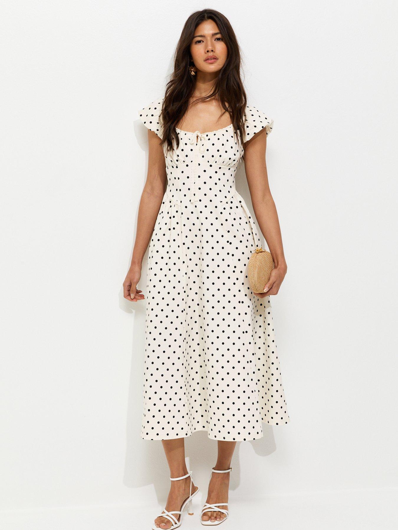 New Look Polka Dot Milkmaid Midi Dress - Cream/Black