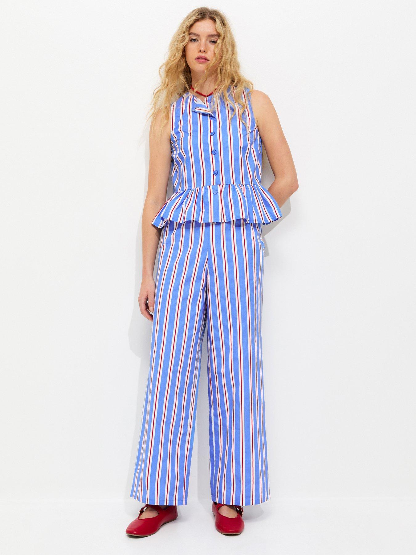 New Look Bright Blue Striped Poplin Wide Leg Trousers