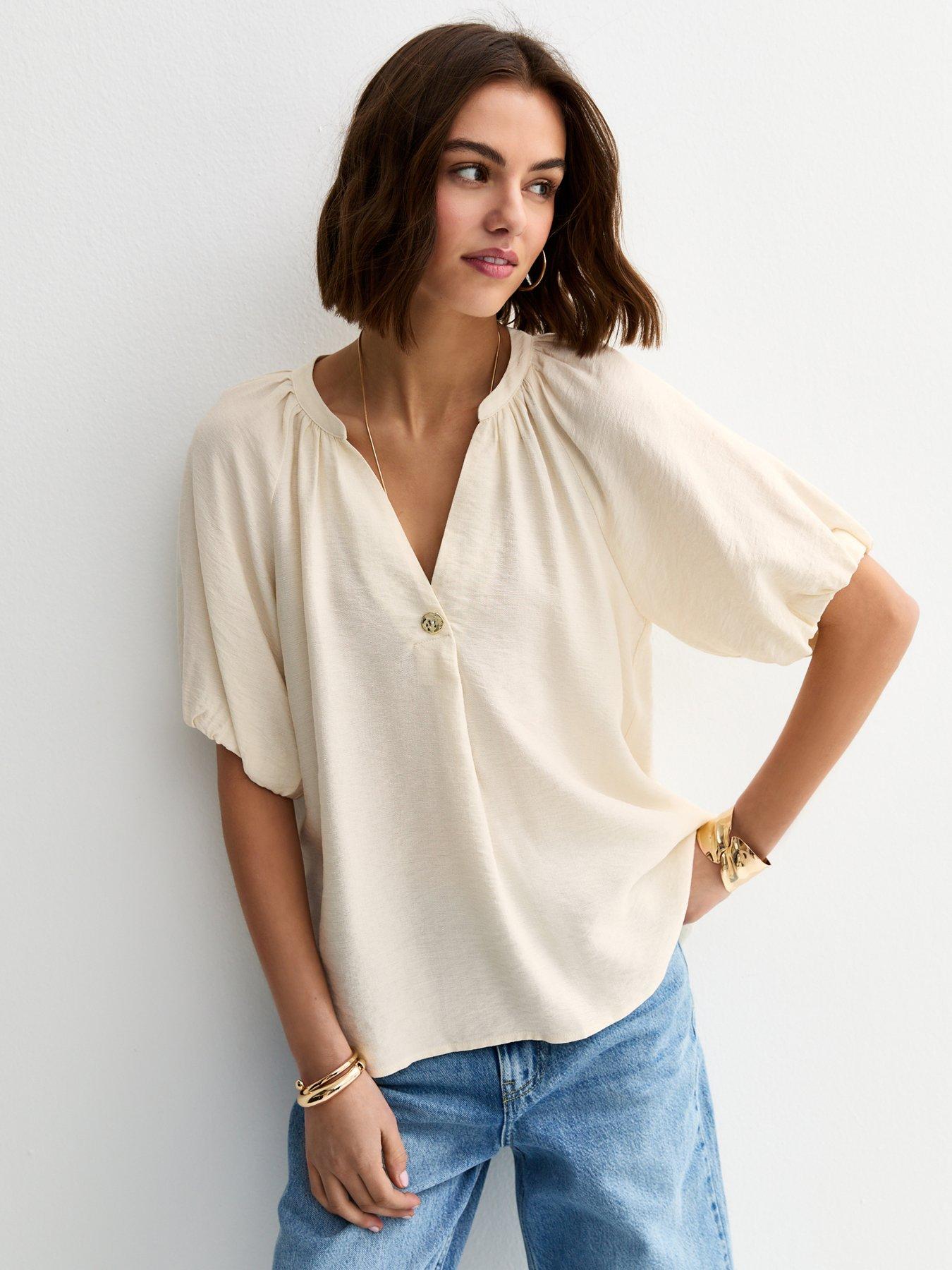 front image of new-look-puff-sleeve-v-neck-blouse-off-white